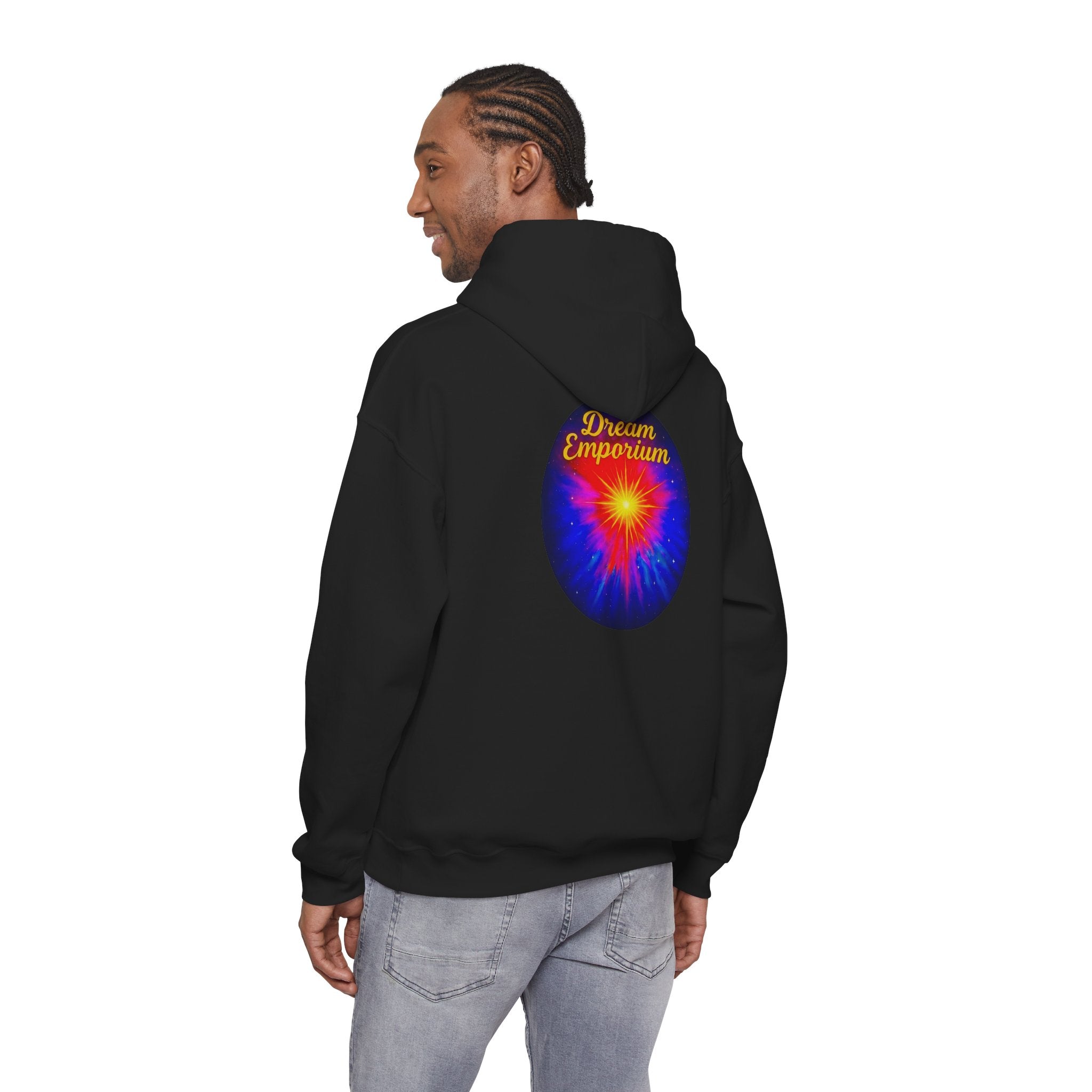 Dream Emporium – Back Printed Radiant Starburst Heavy Blend™ Hooded Sweatshirt, Inspirational and Motivational Apparel, Gift for Dreamers, Creative Expression Wear