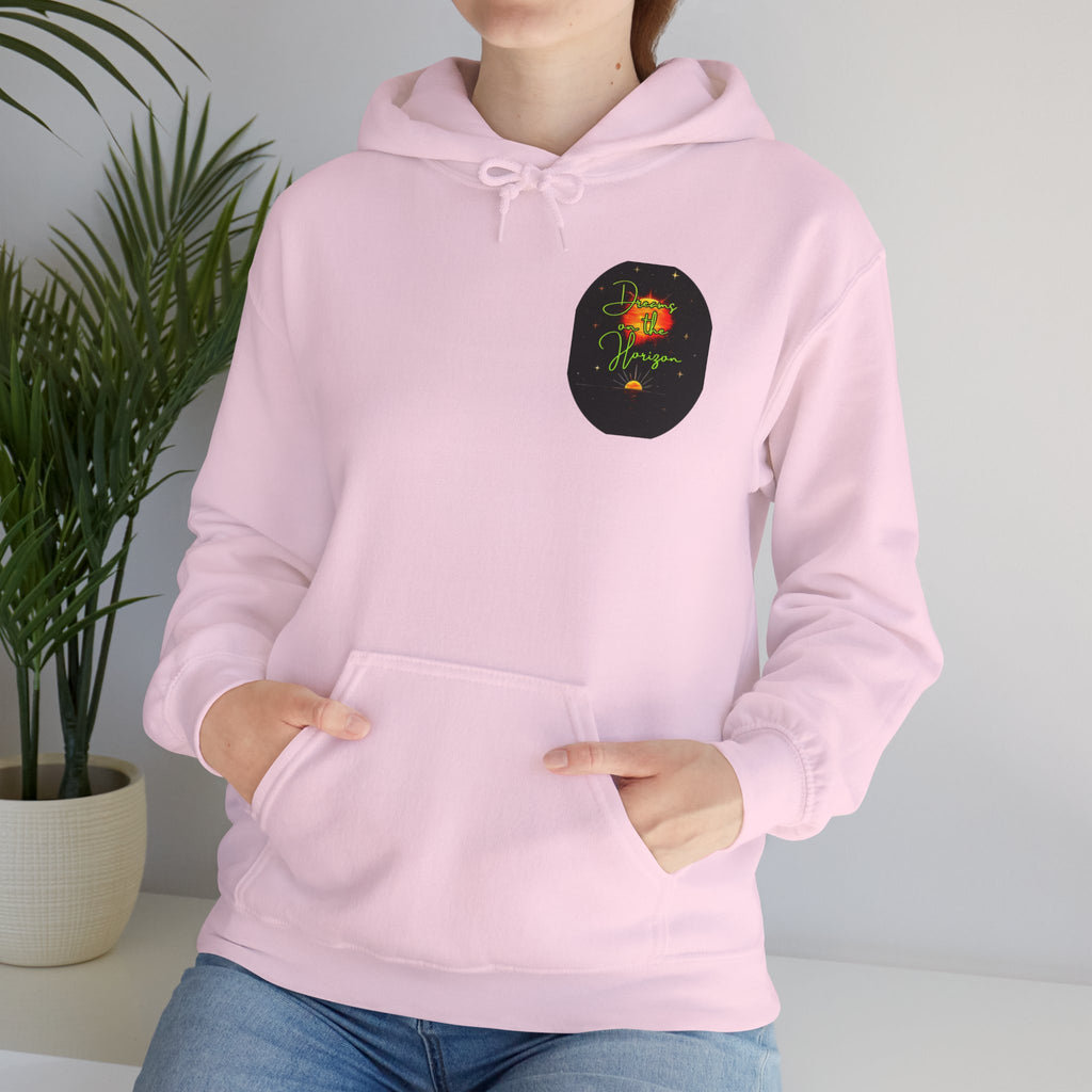 Dreams on the Horizon (Lemongrass) Sunrise Back Print Hooded Sweatshirt, Inspirational and Motivational Apparel, Gift for Dreamers, Creative Expression Wear