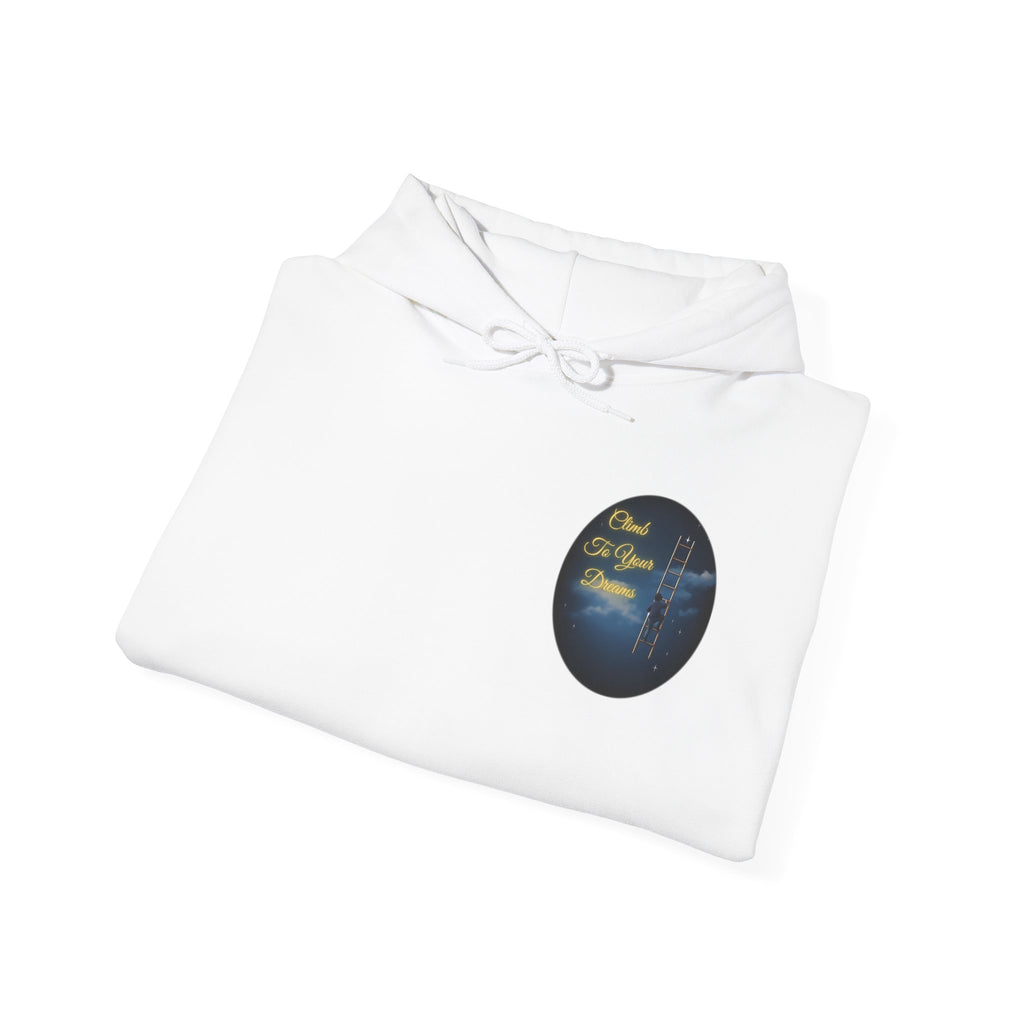 Climb To Your Dreams – Starry Night Ladder-to-Moon Back-Print Hoodie + Front Badge | Gildan 18500, Inspirational and Motivational Apparel, Gift for Dreamers, Creative Expression Wear