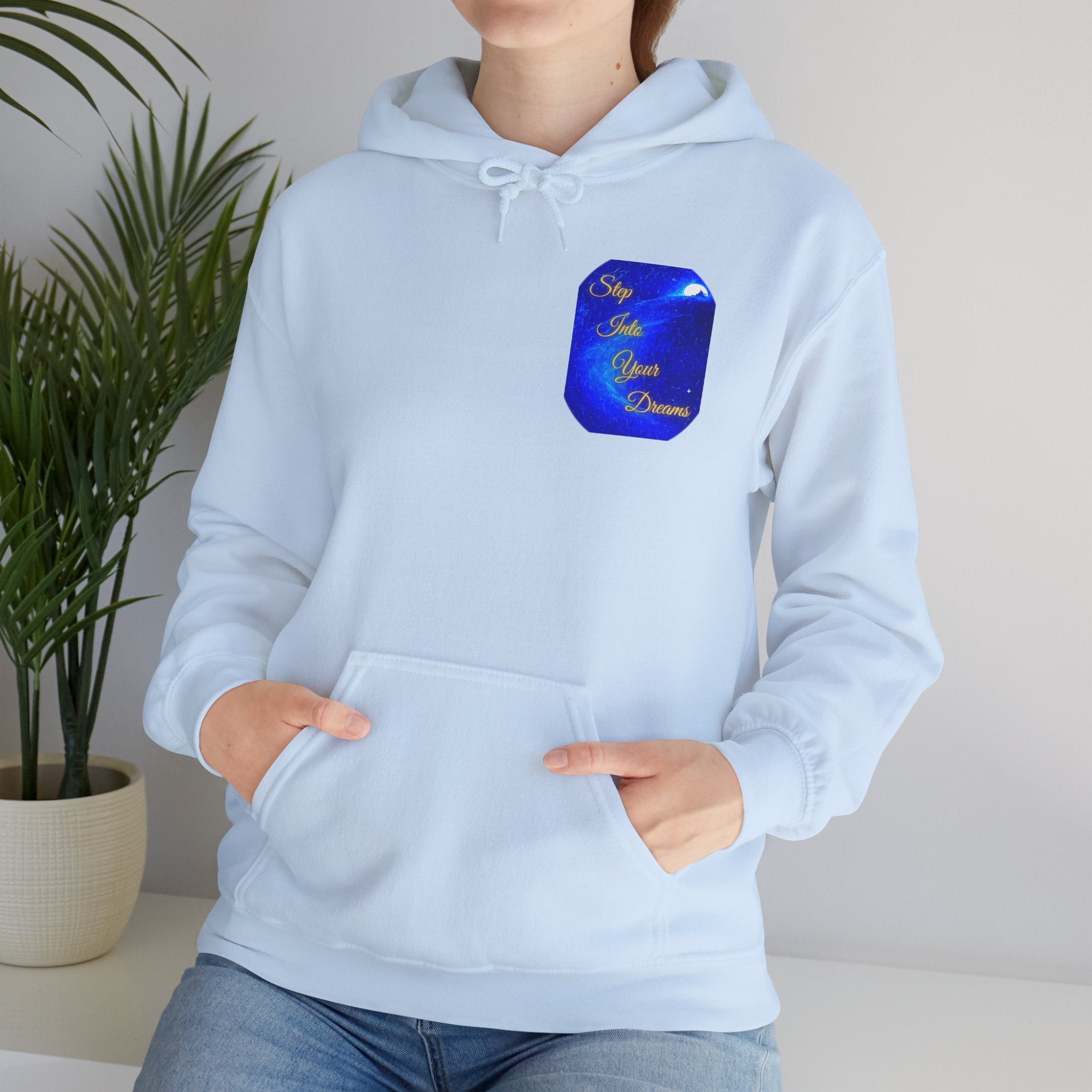 Step Into Your Dreams – Cosmic Gateway Back-print Hoodie | Tiny front badge | Gildan Heavy Blend™. Inspirational and Motivational Apparel, Gift for Dreamers, Creative Expression
