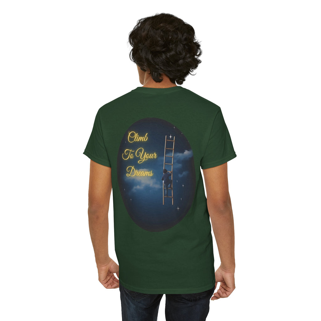 Climb To Your Dreams – Starry Night Ladder Back-Print Tee + Front Badge | Gildan 5000, Inspirational and Motivational Apparel, Gift for Dreamers, Creative Expression Wear