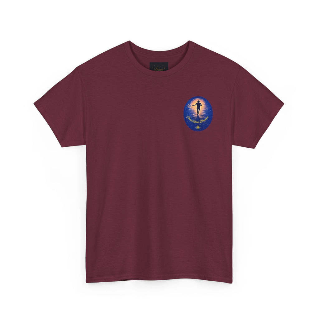 Chase Your Dreams – Sunrise Silhouette Back Printed Heavy Cotton Tee, Inspirational and Motivational Apparel, Gift for Dreamers, Creative Expression Wear