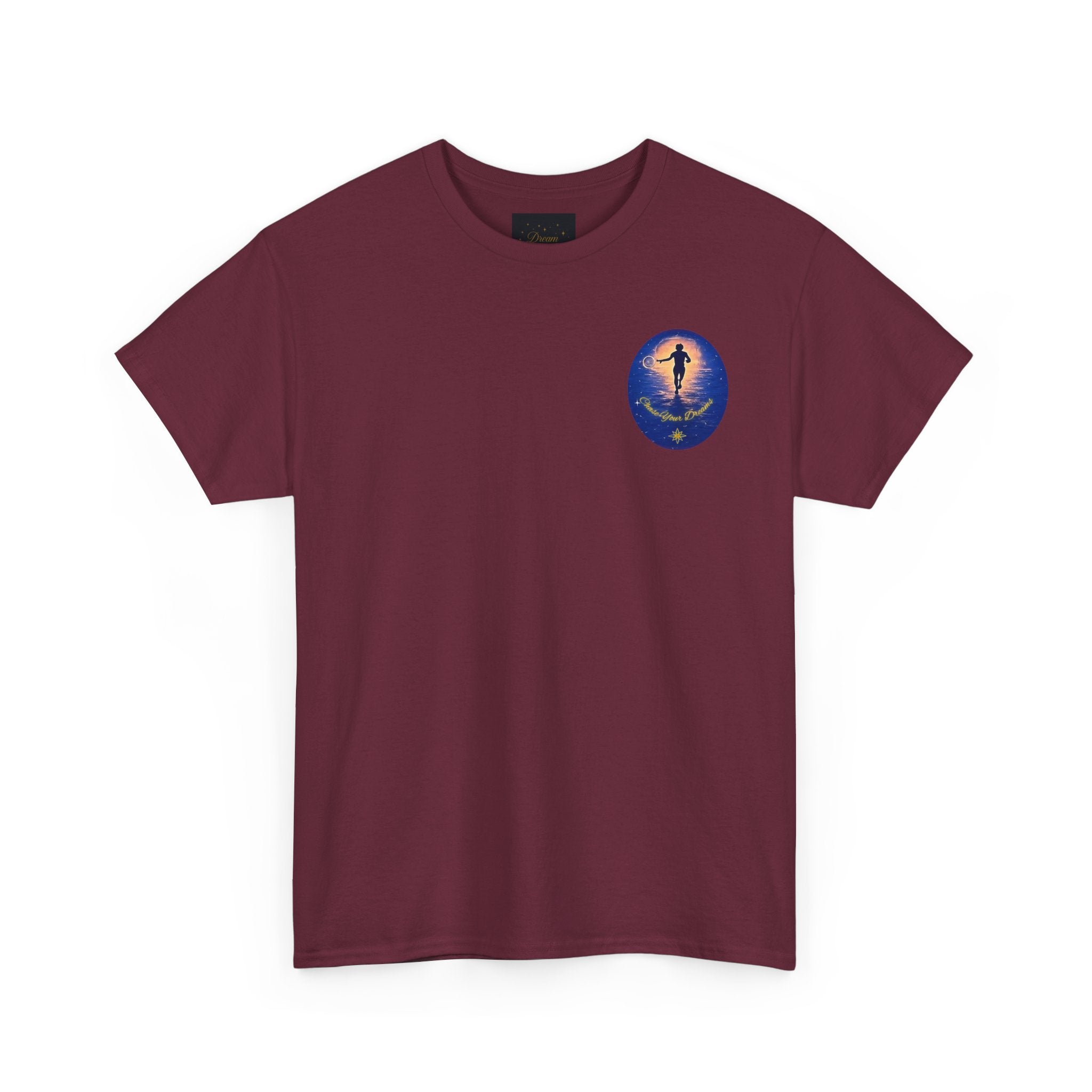 Chase Your Dreams – Sunrise Silhouette Back Printed Heavy Cotton Tee, Inspirational and Motivational Apparel, Gift for Dreamers, Creative Expression Wear