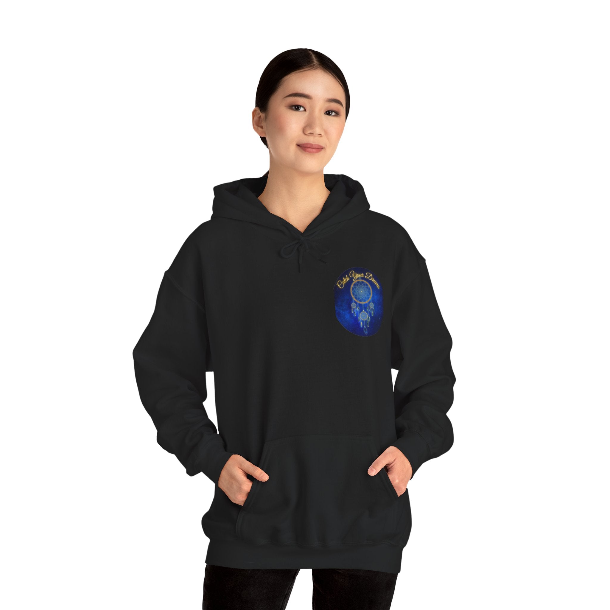 Catch Your Dream – Dreamcatcher Back Print Hooded Sweatshirt, Inspirational and Motivational Apparel, Gift for Dreamers, Creative Expression Wear