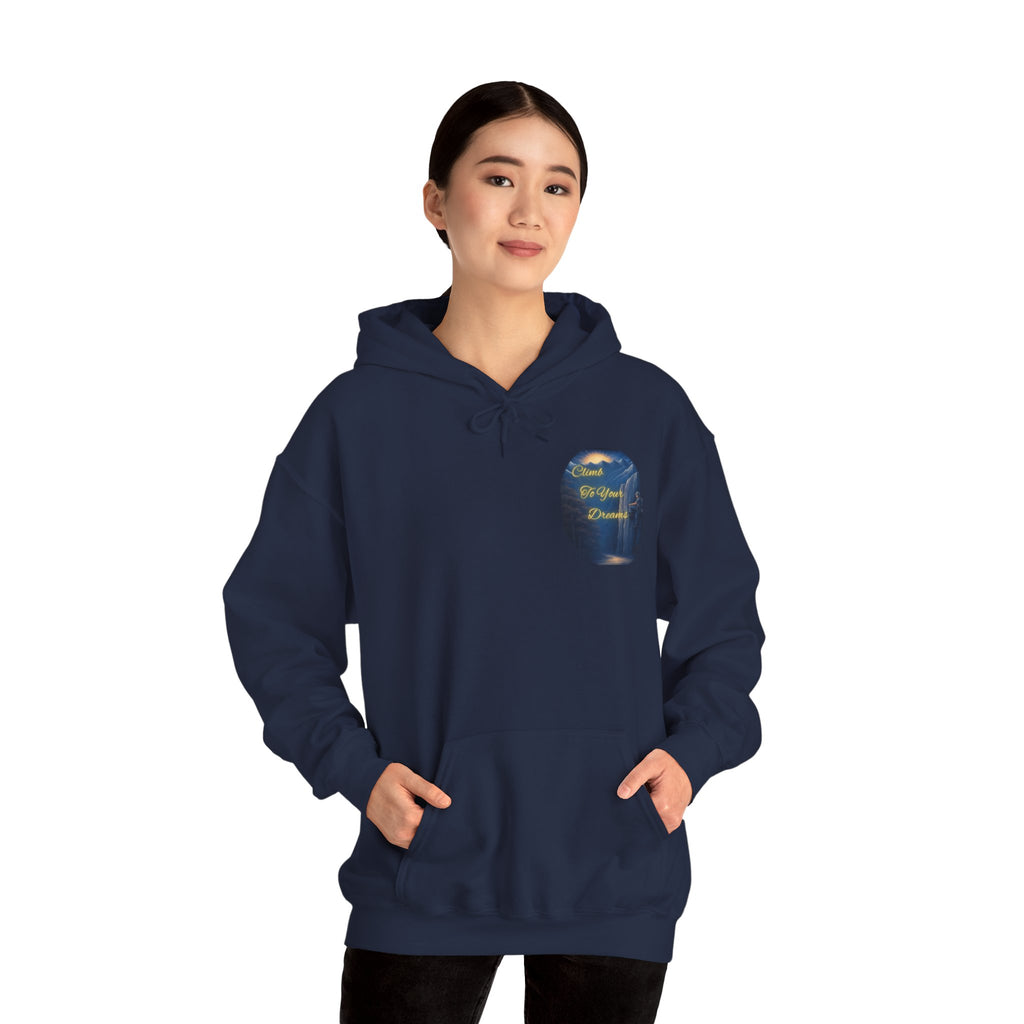 Climb To Your Dreams - Mountain Sunrise Hoodie | Back Glow Print + Front Badge | Heavy Blend™, Inspirational and Motivational Apparel, Gift for Dreamers, Creative Expression Wear