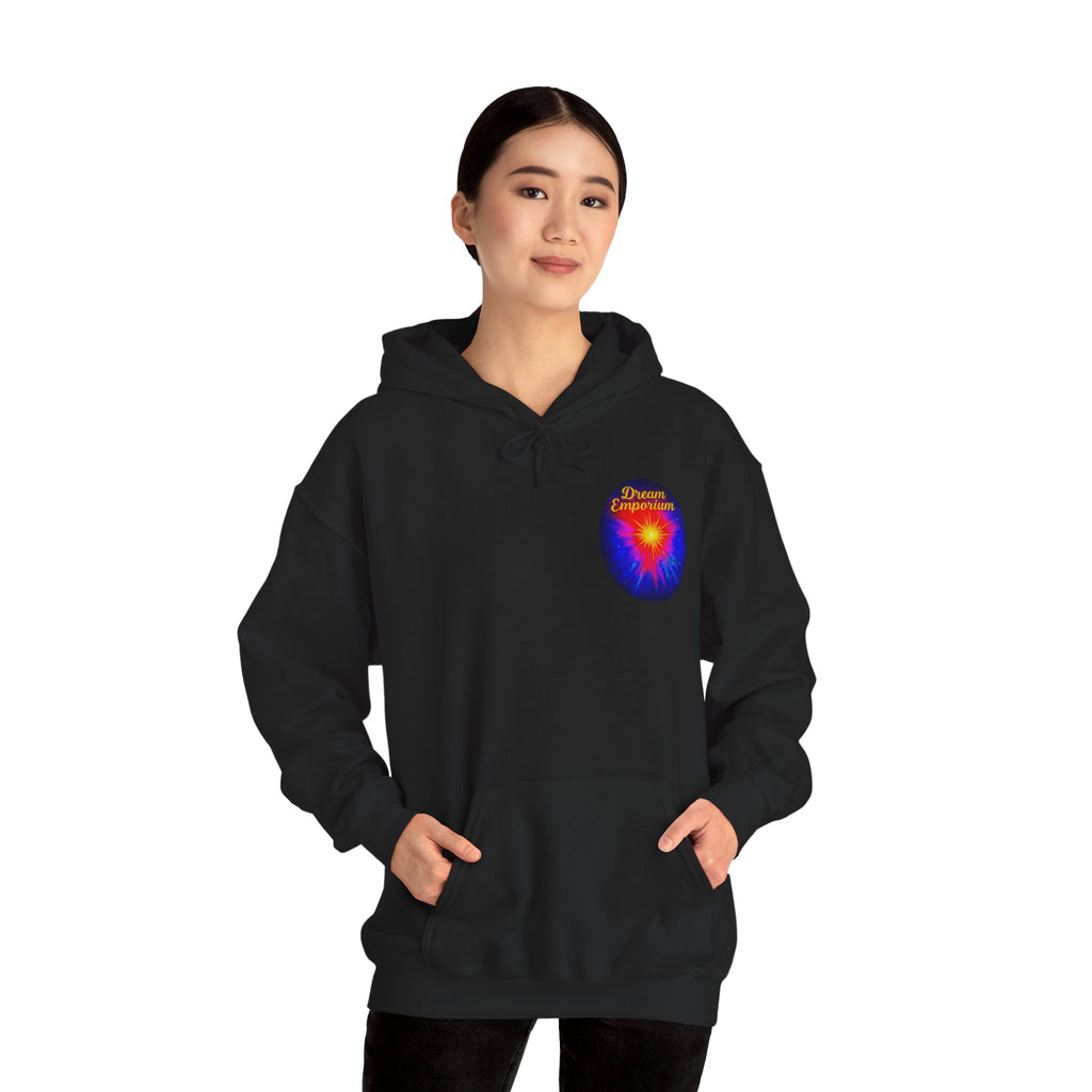 Dream Emporium – Back Printed Radiant Starburst Heavy Blend™ Hooded Sweatshirt, Inspirational and Motivational Apparel, Gift for Dreamers, Creative Expression Wear