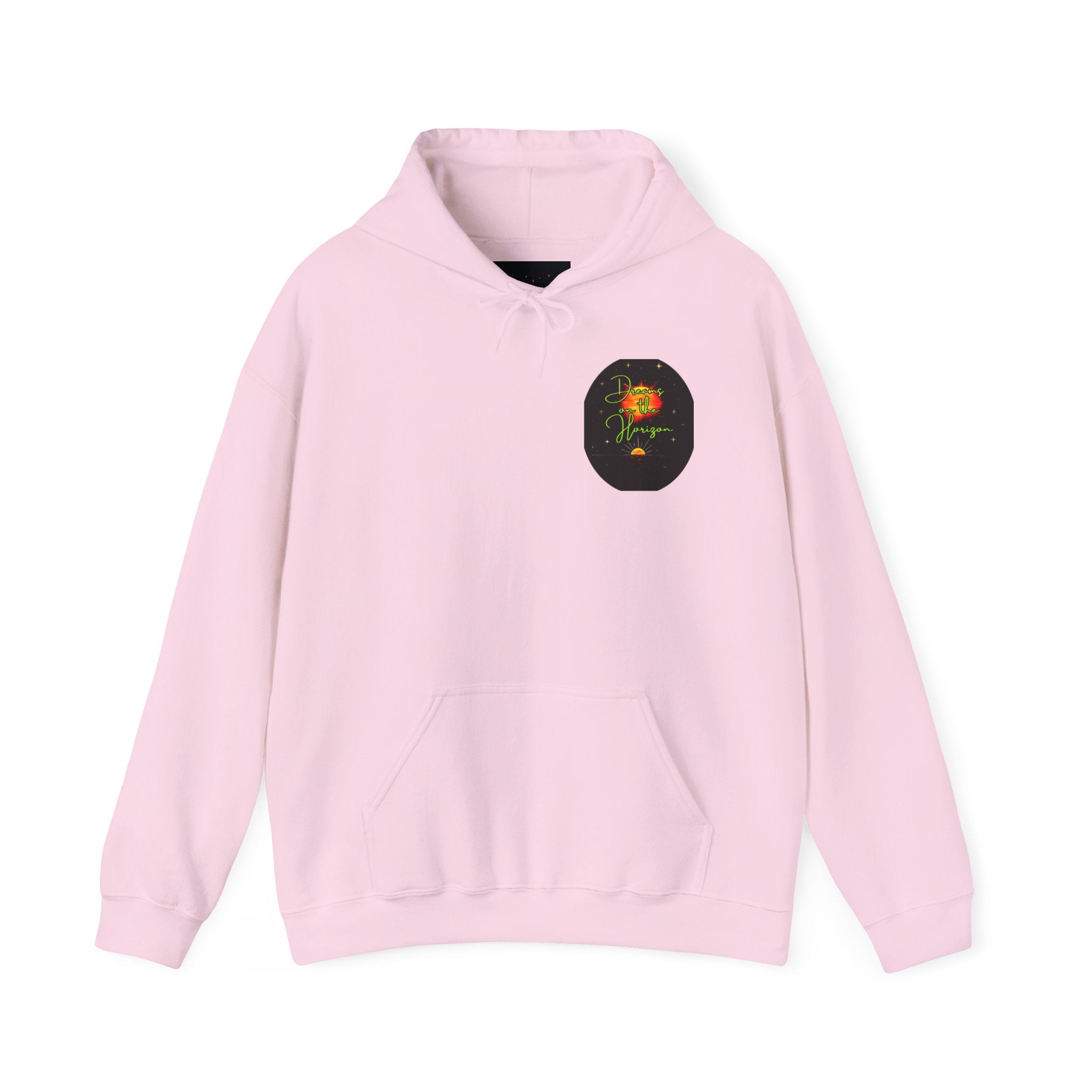 Dreams on the Horizon (Lemongrass) Sunrise Back Print Hooded Sweatshirt, Inspirational and Motivational Apparel, Gift for Dreamers, Creative Expression Wear