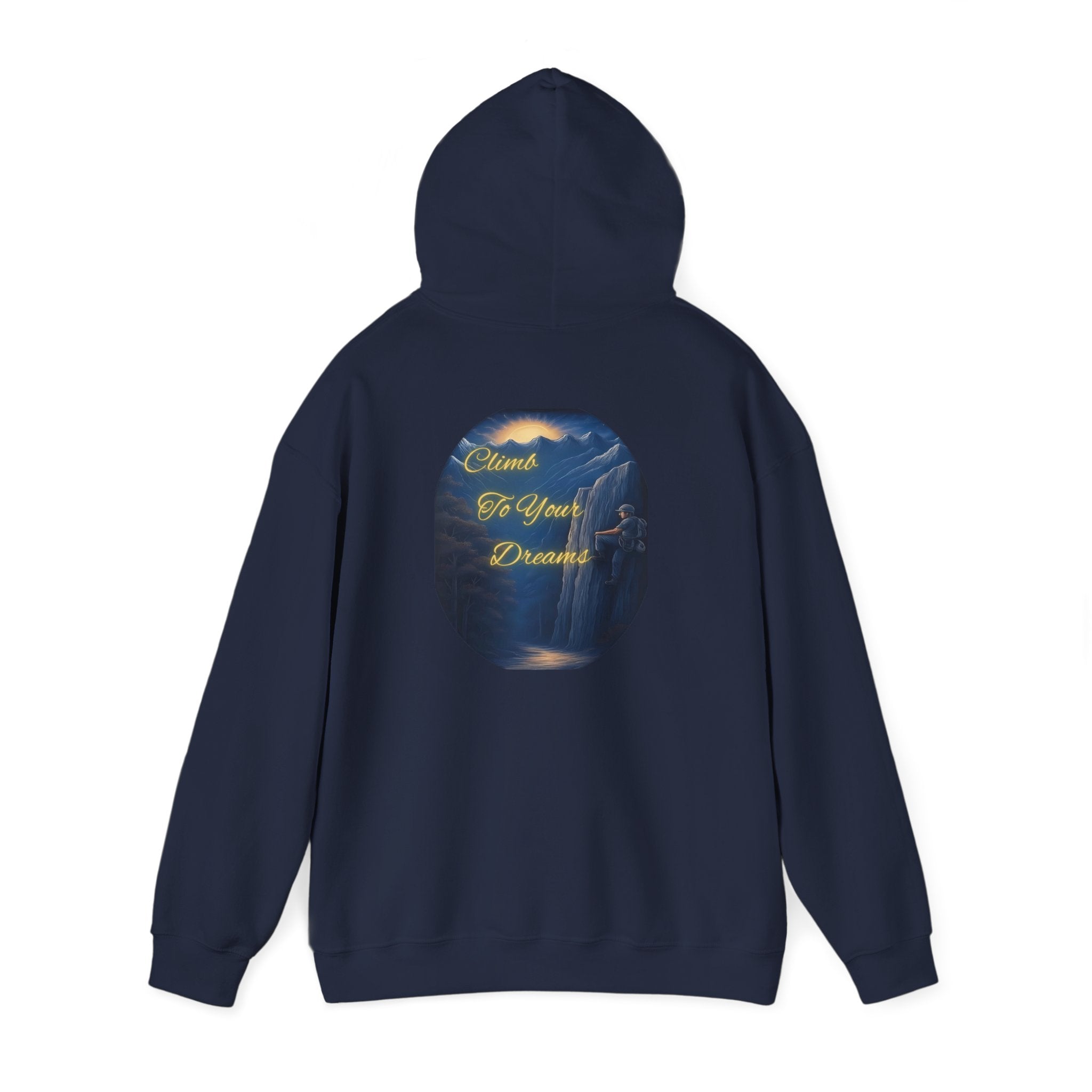 Climb To Your Dreams - Mountain Sunrise Hoodie | Back Glow Print + Front Badge | Heavy Blend™, Inspirational and Motivational Apparel, Gift for Dreamers, Creative Expression Wear