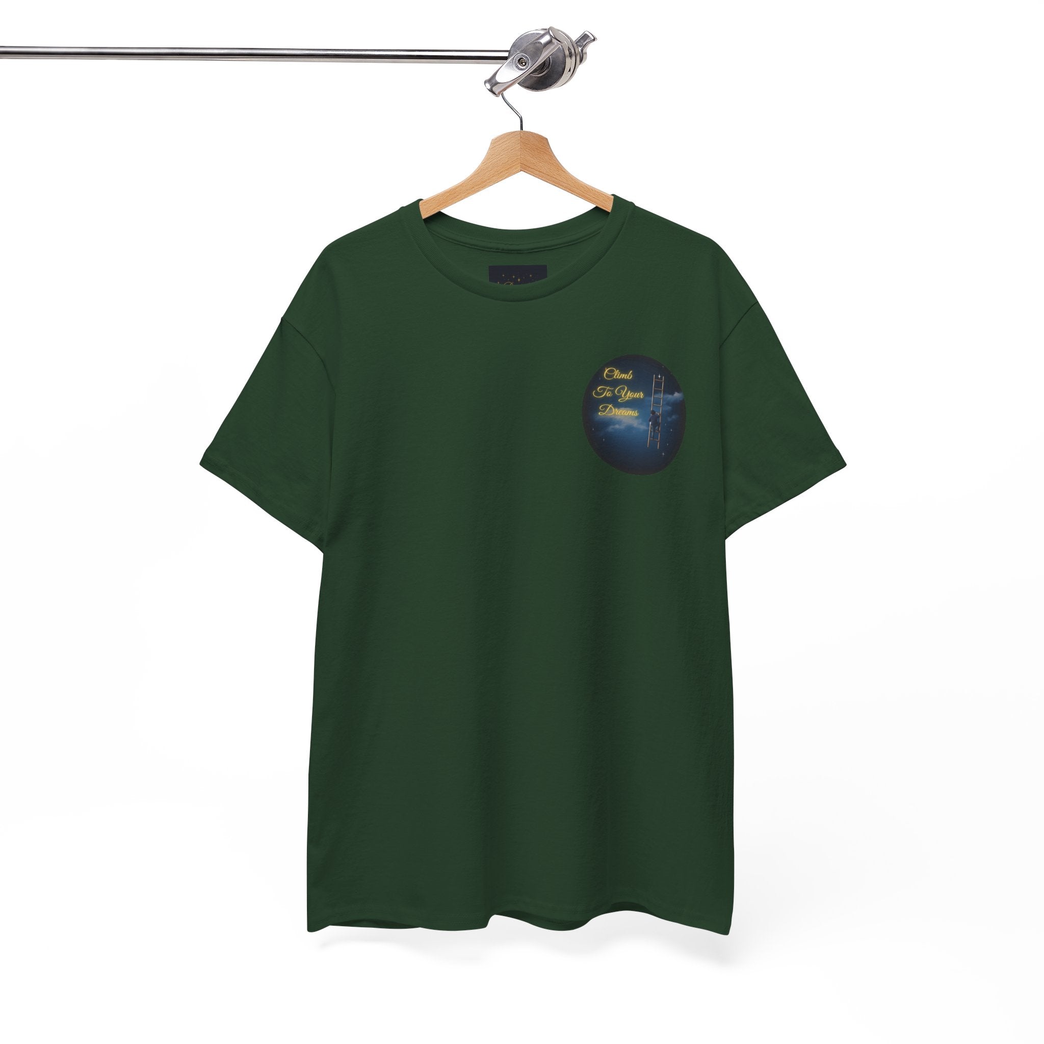 Climb To Your Dreams – Starry Night Ladder Back-Print Tee + Front Badge | Gildan 5000, Inspirational and Motivational Apparel, Gift for Dreamers, Creative Expression Wear