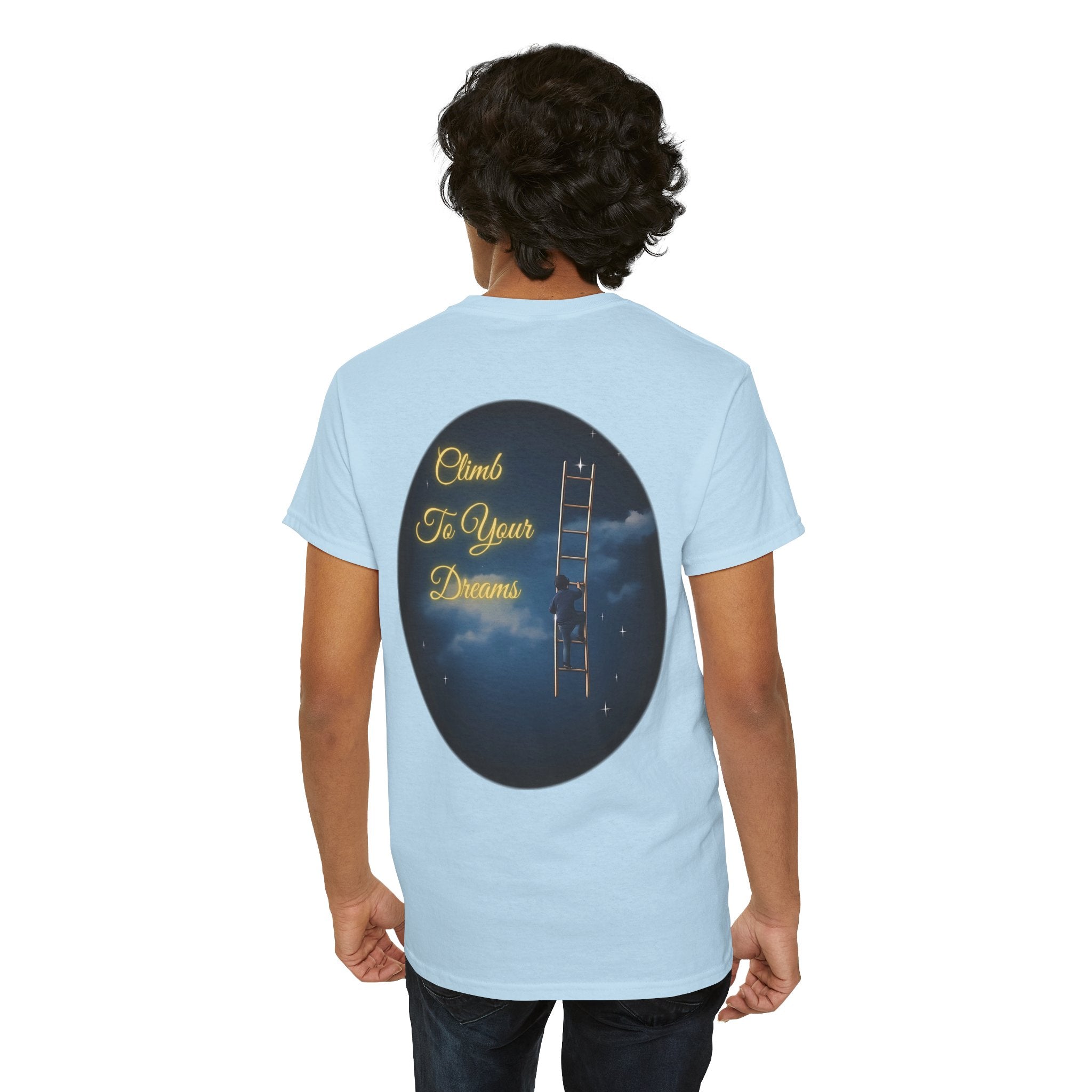 Climb To Your Dreams – Starry Night Ladder Back-Print Tee + Front Badge | Gildan 5000, Inspirational and Motivational Apparel, Gift for Dreamers, Creative Expression Wear