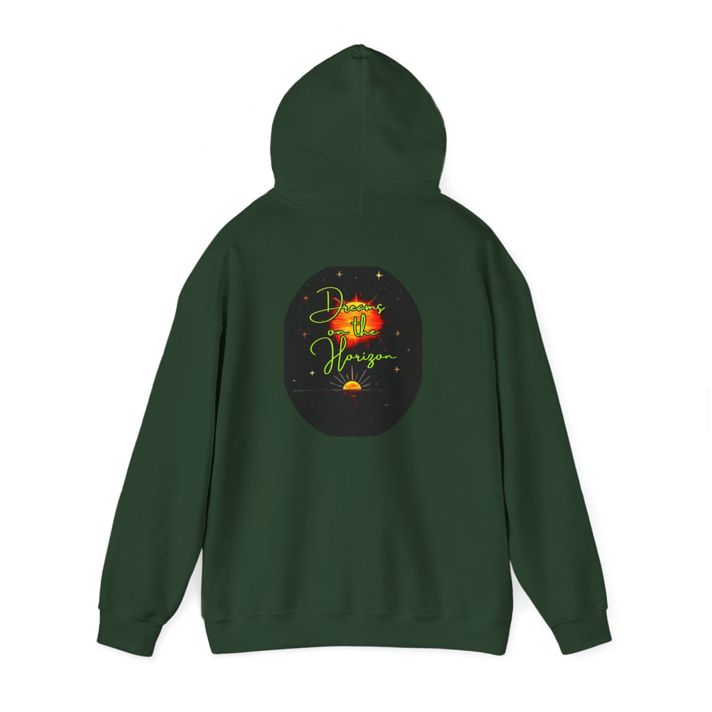 Dreams on the Horizon (Lemongrass) Sunrise Back Print Hooded Sweatshirt, Inspirational and Motivational Apparel, Gift for Dreamers, Creative Expression Wear