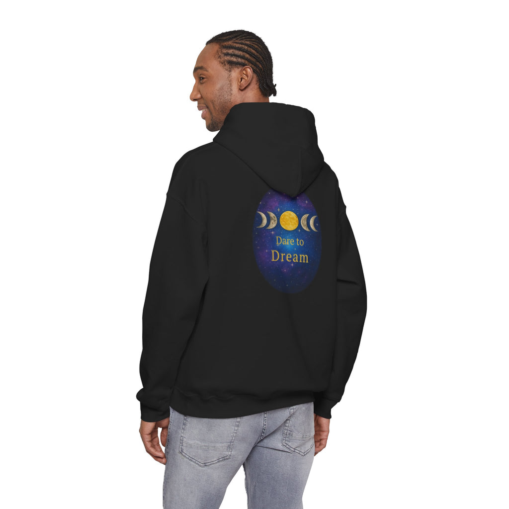 Dare to Dream Moon-Phase Hoodie | Back Glow Print + Front Badge | Heavy Blend™, Inspirational and Motivational Apparel, Gift for Dreamers, Creative Expression Wear