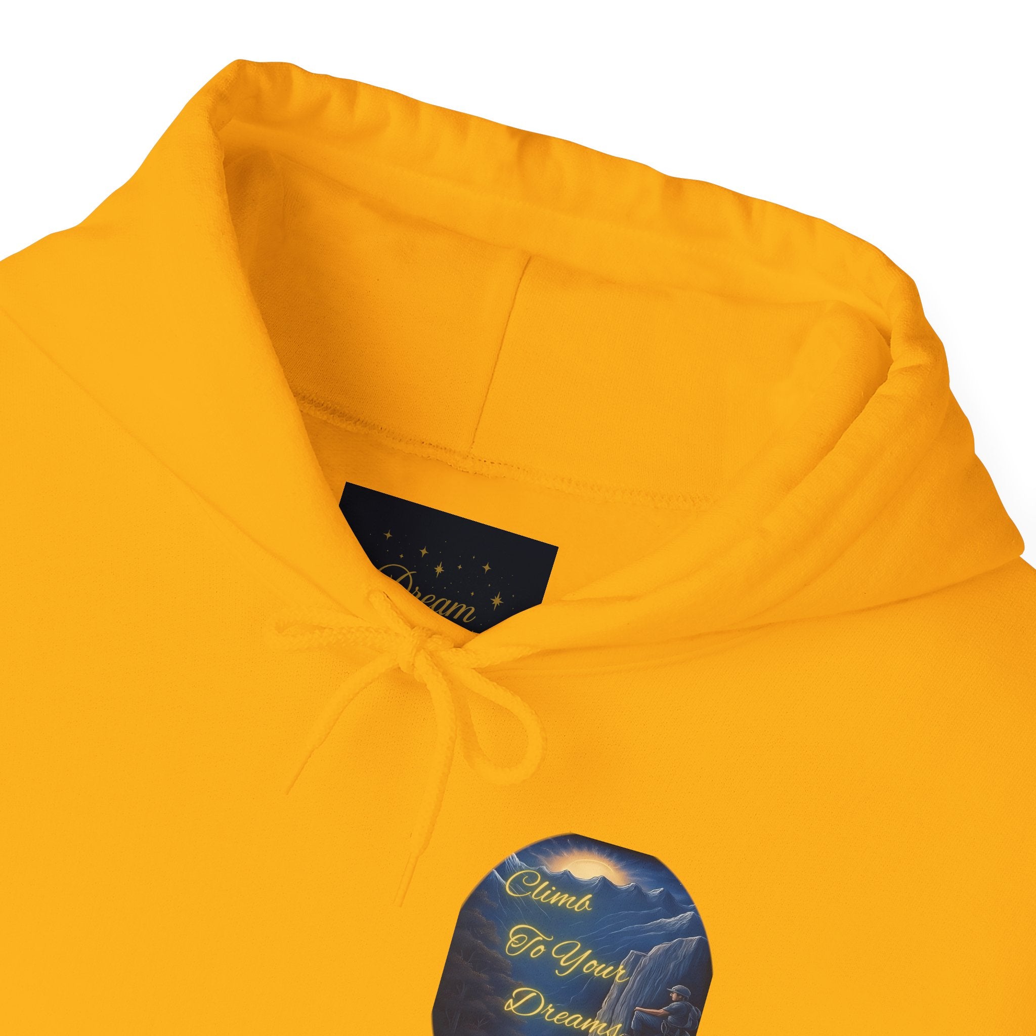 Climb To Your Dreams - Mountain Sunrise Hoodie | Back Glow Print + Front Badge | Heavy Blend™, Inspirational and Motivational Apparel, Gift for Dreamers, Creative Expression Wear
