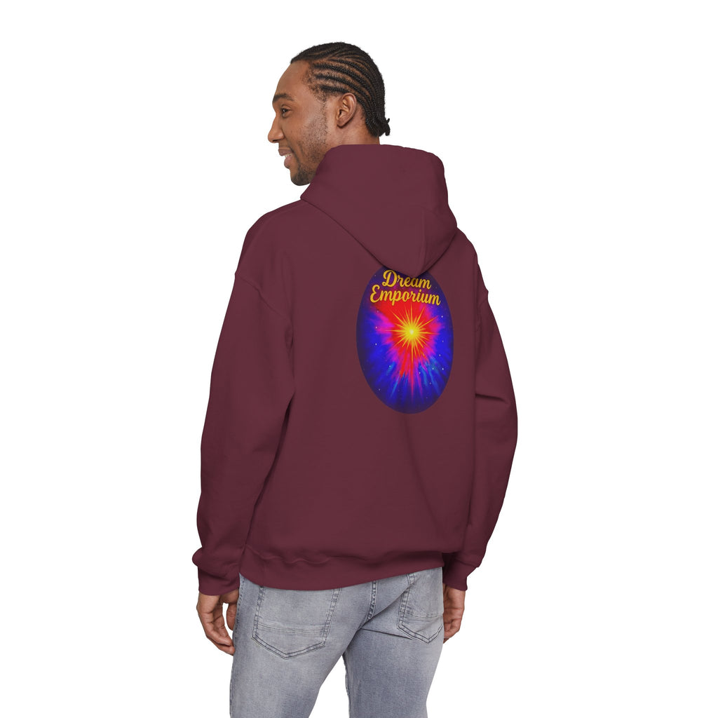 Dream Emporium – Back Printed Radiant Starburst Heavy Blend™ Hooded Sweatshirt, Inspirational and Motivational Apparel, Gift for Dreamers, Creative Expression Wear