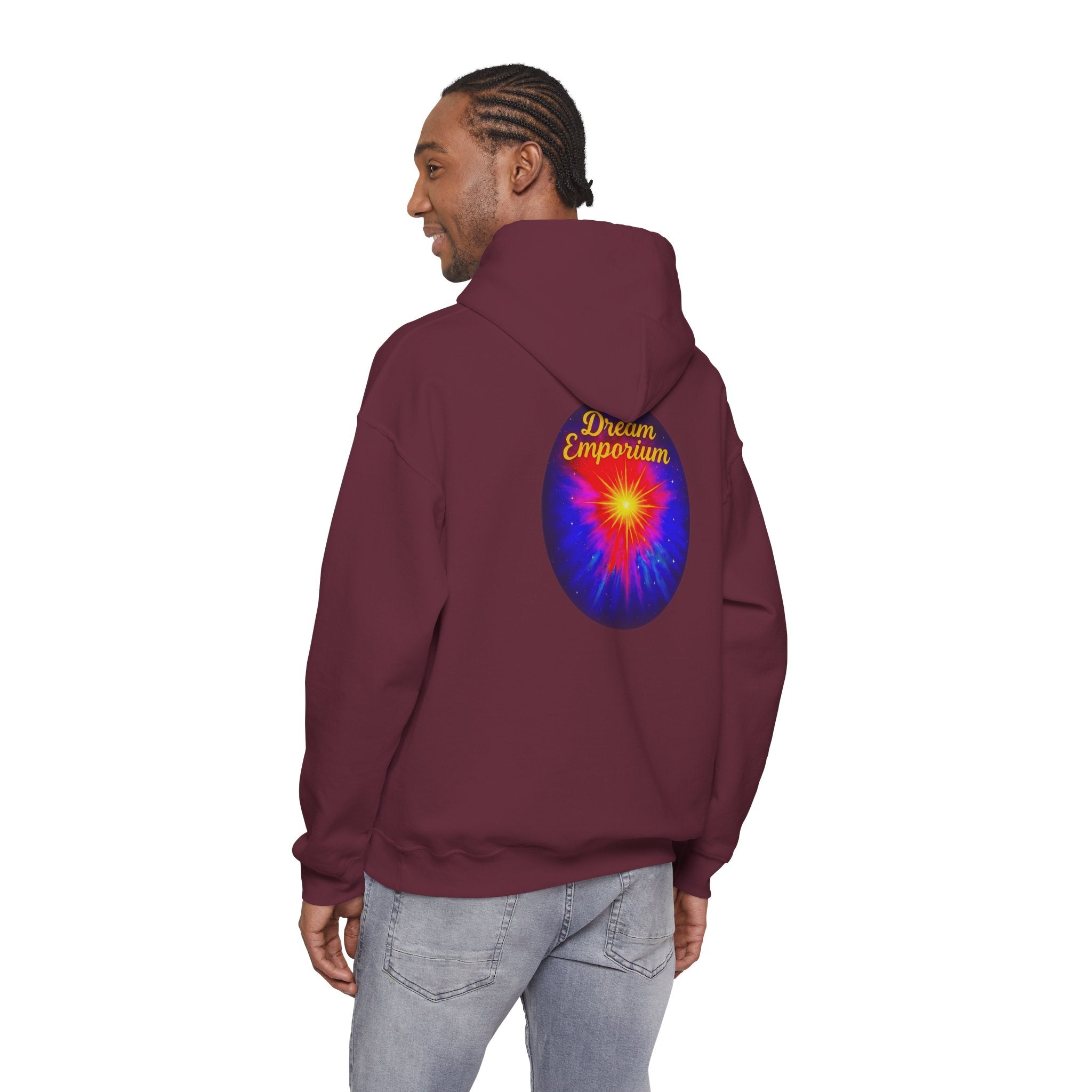 Dream Emporium – Back Printed Radiant Starburst Heavy Blend™ Hooded Sweatshirt, Inspirational and Motivational Apparel, Gift for Dreamers, Creative Expression Wear