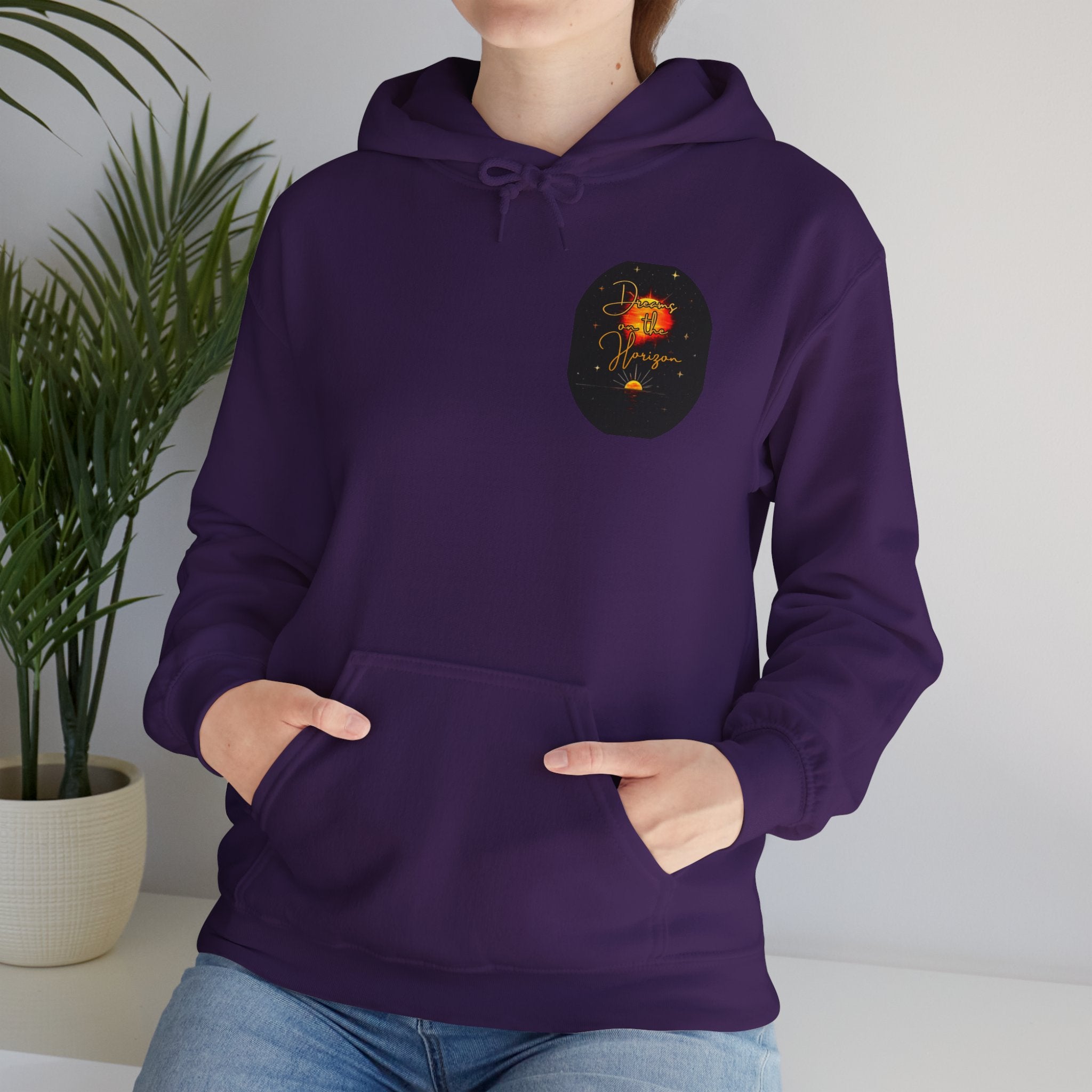 Dreams on the Horizon Sunrise Back Print Hooded Sweatshirt, Inspirational and Motivational Apparel, Gift for Dreamers, Creative Expression Wear