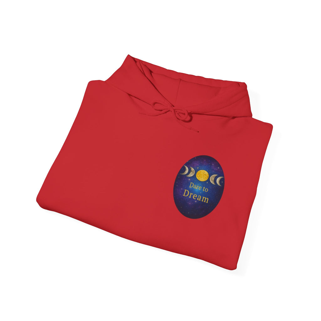 Dare to Dream Moon-Phase Hoodie | Back Glow Print + Front Badge | Heavy Blend™, Inspirational and Motivational Apparel, Gift for Dreamers, Creative Expression Wear