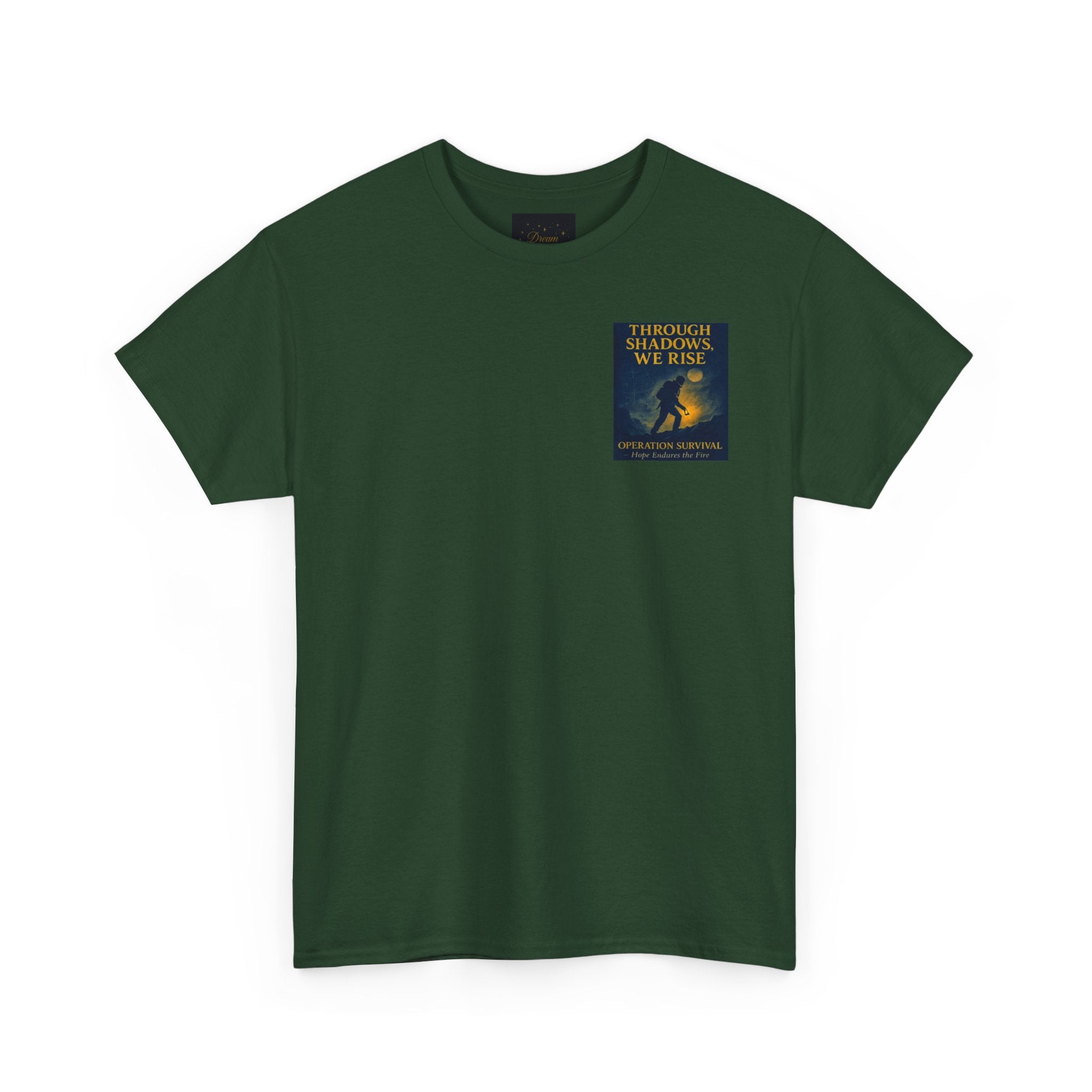 Through Shadows, We Rise - Back-print Cinematic Artwork Operation Survival Tee. Inspirational and Motivational Apparel, Gift for Dreamers, Creative Expression Wear