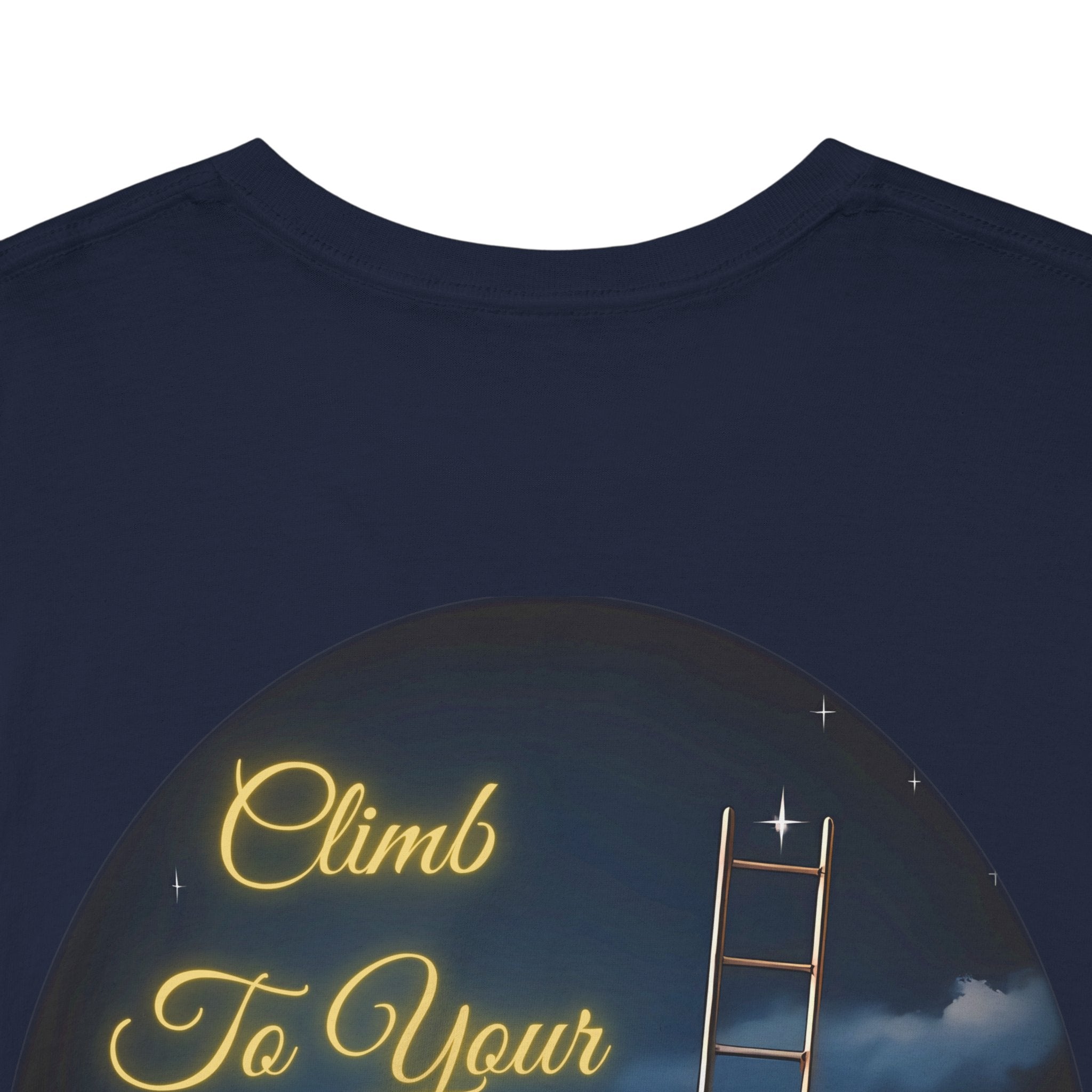 Climb To Your Dreams – Starry Night Ladder Back-Print Tee + Front Badge | Gildan 5000, Inspirational and Motivational Apparel, Gift for Dreamers, Creative Expression Wear