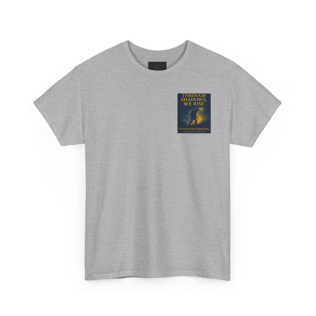 Through Shadows, We Rise - Back-print Cinematic Artwork Operation Survival Tee. Inspirational and Motivational Apparel, Gift for Dreamers, Creative Expression Wear