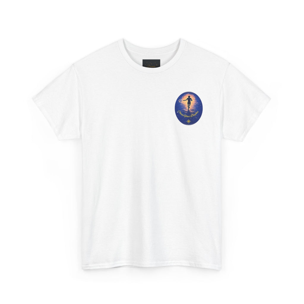 Chase Your Dreams – Sunrise Silhouette Back Printed Heavy Cotton Tee, Inspirational and Motivational Apparel, Gift for Dreamers, Creative Expression Wear