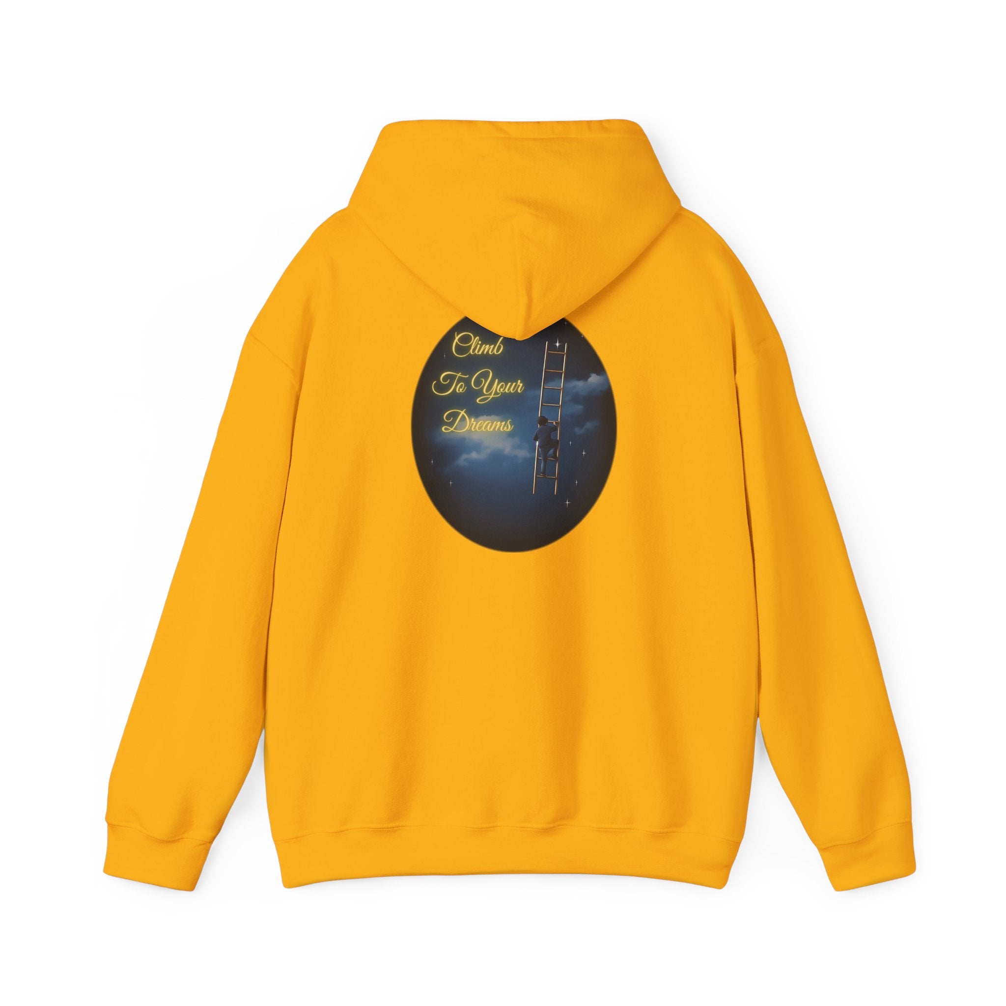 Climb To Your Dreams – Starry Night Ladder-to-Moon Back-Print Hoodie + Front Badge | Gildan 18500, Inspirational and Motivational Apparel, Gift for Dreamers, Creative Expression Wear