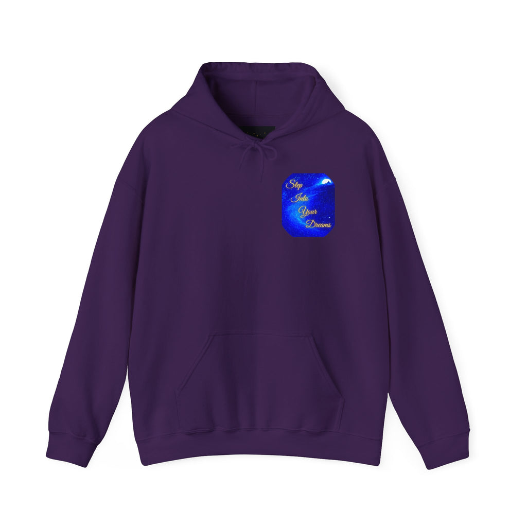 Step Into Your Dreams – Cosmic Gateway Back-print Hoodie | Tiny front badge | Gildan Heavy Blend™. Inspirational and Motivational Apparel, Gift for Dreamers, Creative Expression