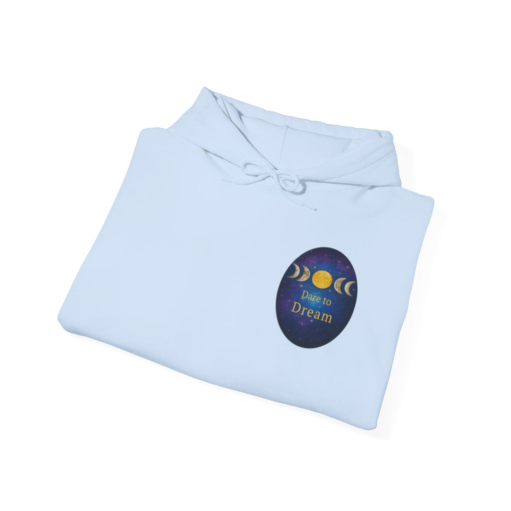Dare to Dream Moon-Phase Hoodie | Back Glow Print + Front Badge | Heavy Blend™, Inspirational and Motivational Apparel, Gift for Dreamers, Creative Expression Wear