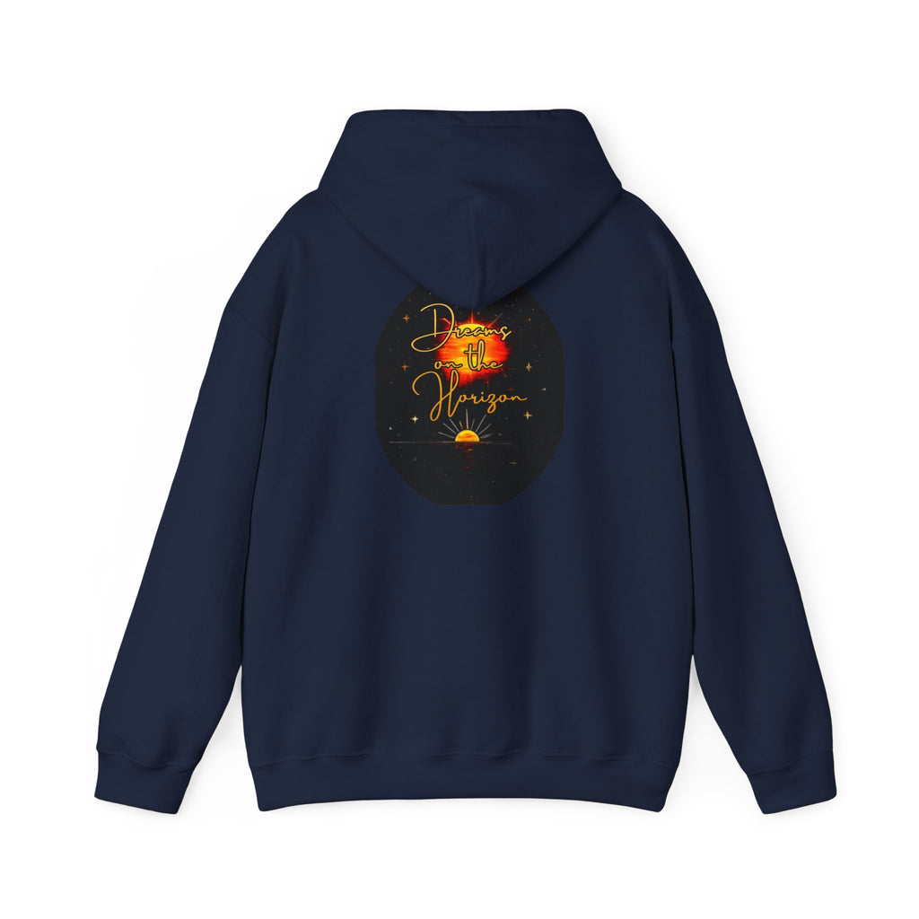 Dreams on the Horizon Sunrise Back Print Hooded Sweatshirt, Inspirational and Motivational Apparel, Gift for Dreamers, Creative Expression Wear