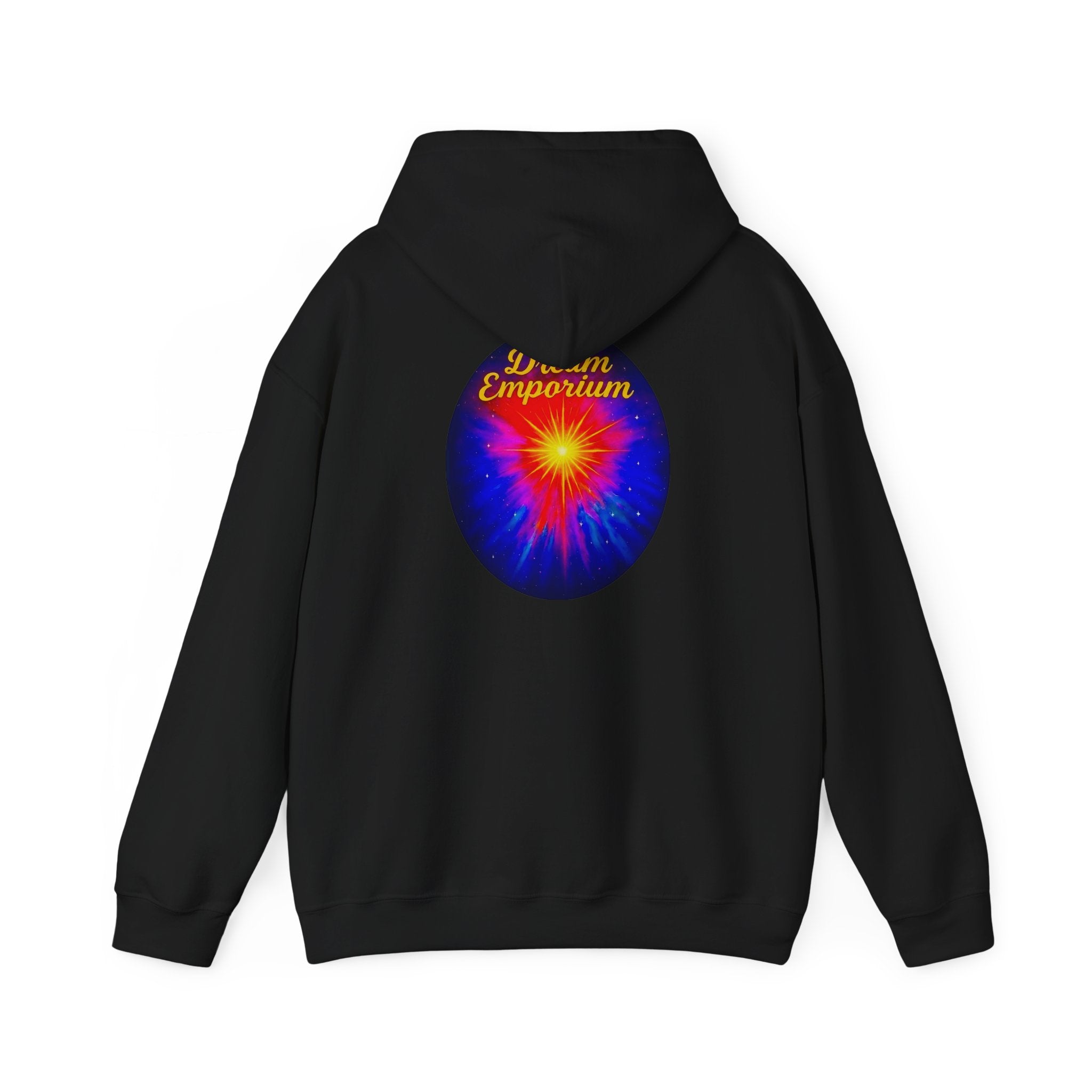 Dream Emporium – Back Printed Radiant Starburst Heavy Blend™ Hooded Sweatshirt, Inspirational and Motivational Apparel, Gift for Dreamers, Creative Expression Wear