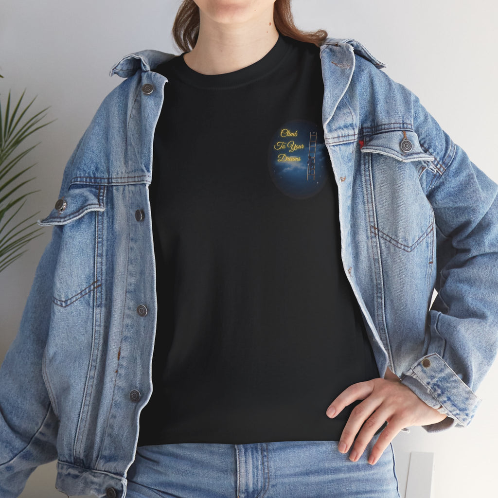 Climb To Your Dreams – Starry Night Ladder Back-Print Tee + Front Badge | Gildan 5000, Inspirational and Motivational Apparel, Gift for Dreamers, Creative Expression Wear