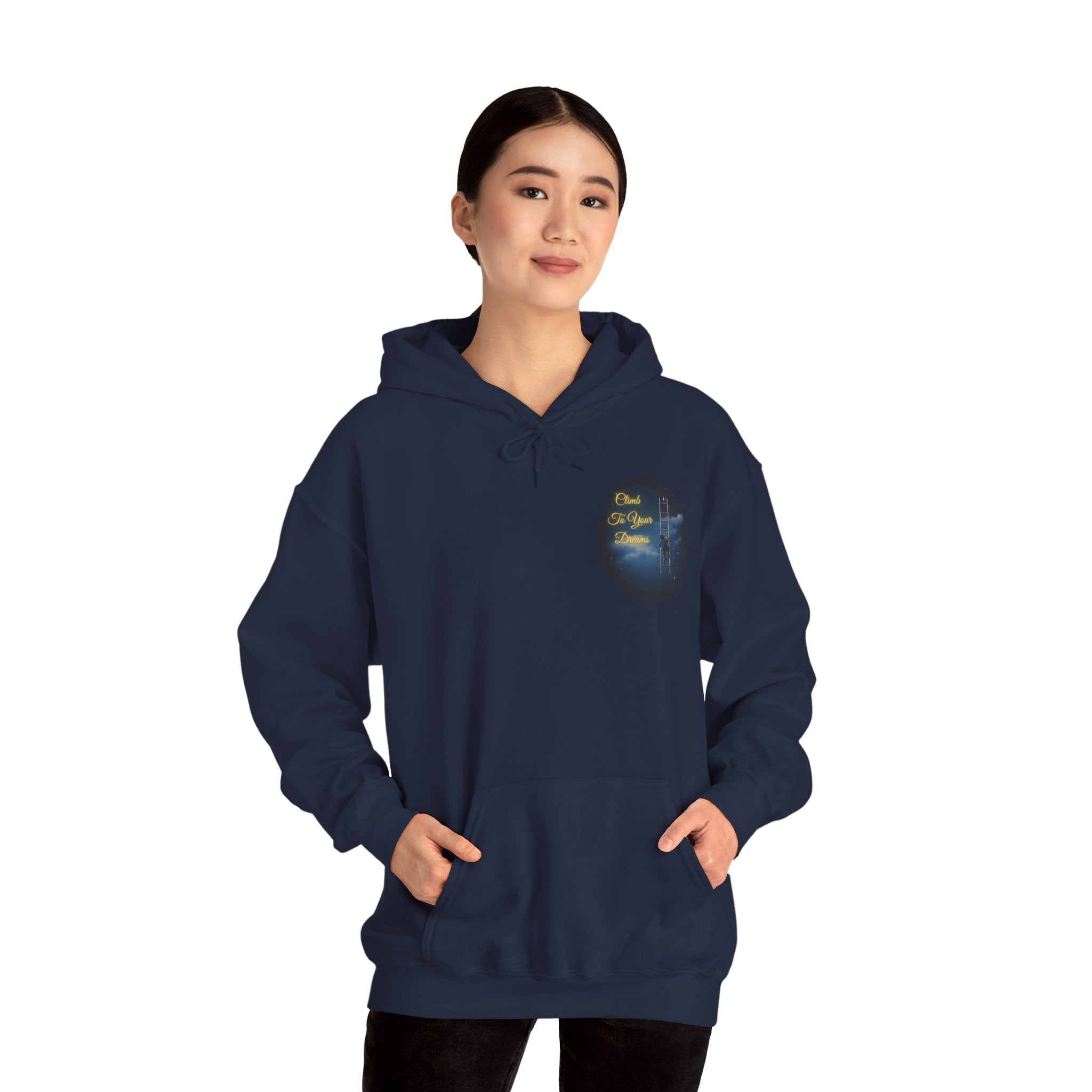 Climb To Your Dreams – Starry Night Ladder-to-Moon Back-Print Hoodie + Front Badge | Gildan 18500, Inspirational and Motivational Apparel, Gift for Dreamers, Creative Expression Wear