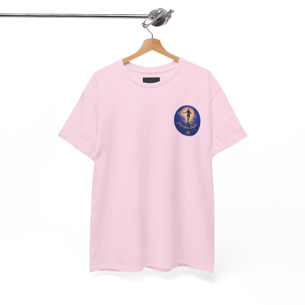 Chase Your Dreams – Sunrise Silhouette Back Printed Heavy Cotton Tee, Inspirational and Motivational Apparel, Gift for Dreamers, Creative Expression Wear