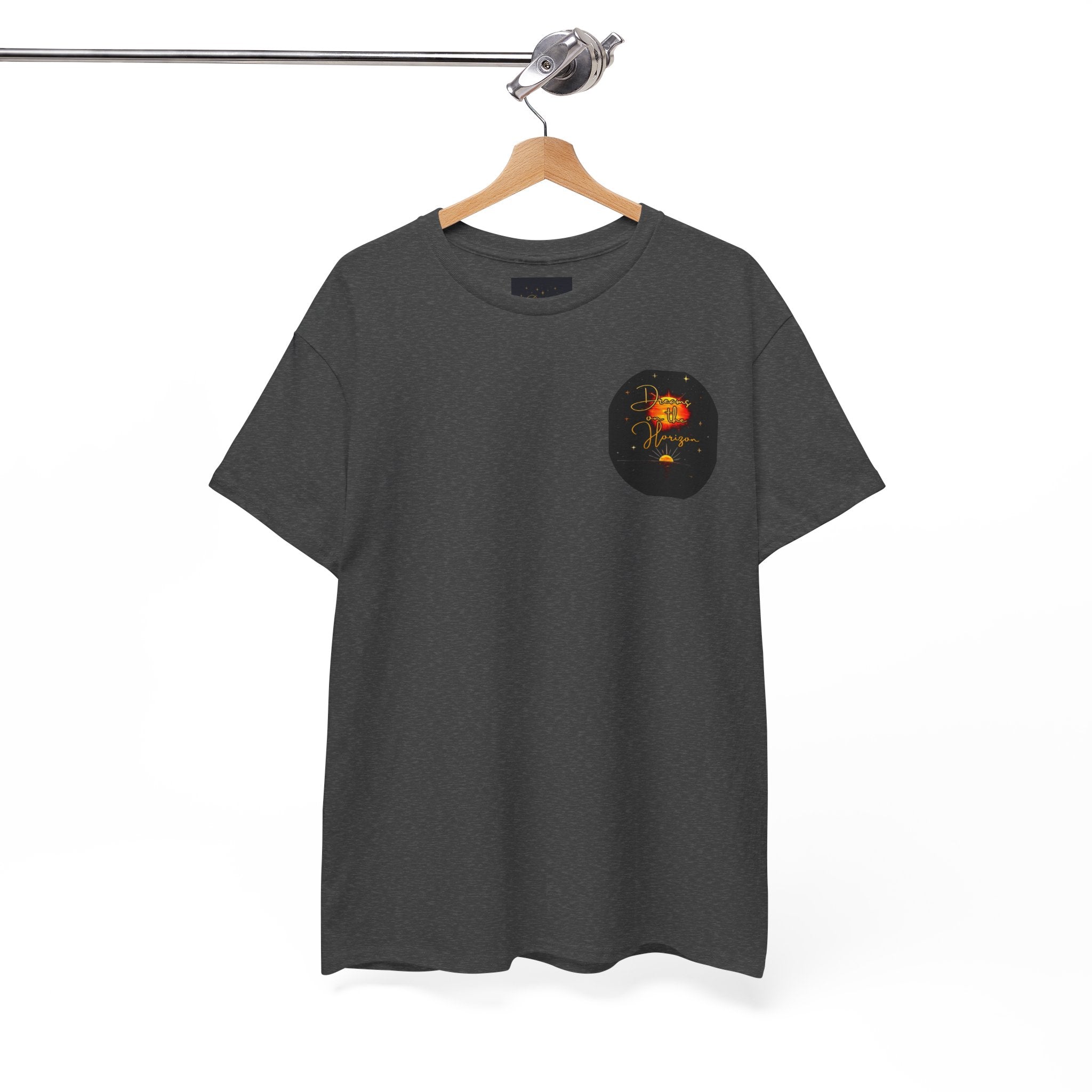 Dreams on the Horizon – Sunrise Back-Print Heavy Cotton Tee, Inspirational and Motivational Apparel, Gift for Dreamers, Creative Expression Wear