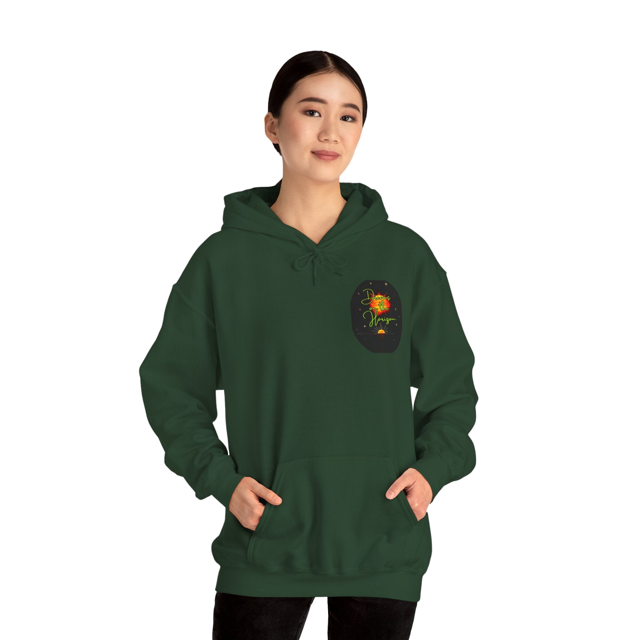 Dreams on the Horizon (Lemongrass) Sunrise Back Print Hooded Sweatshirt, Inspirational and Motivational Apparel, Gift for Dreamers, Creative Expression Wear