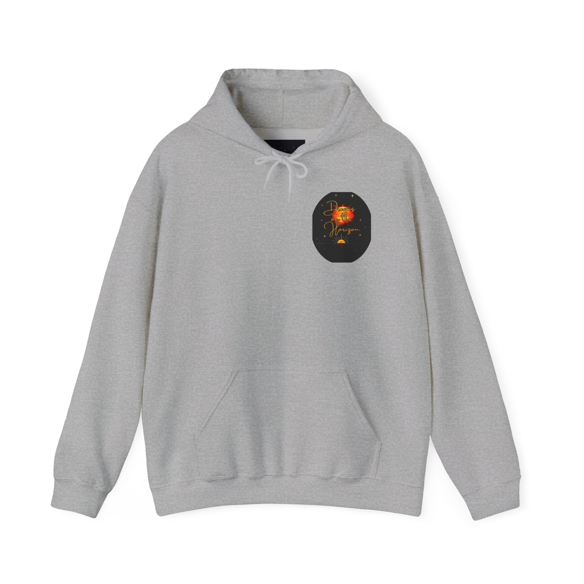 Dreams on the Horizon Sunrise Back Print Hooded Sweatshirt, Inspirational and Motivational Apparel, Gift for Dreamers, Creative Expression Wear