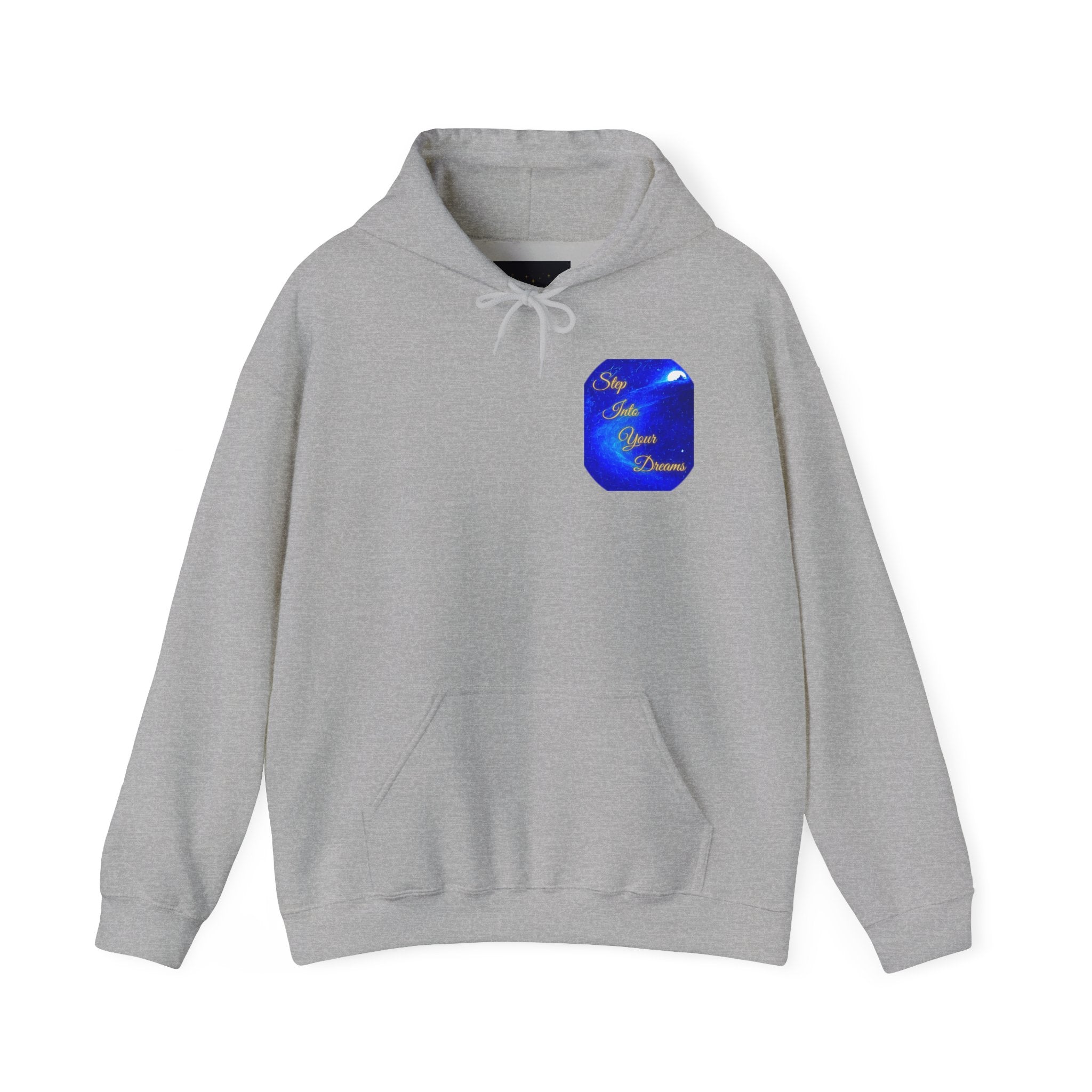 Step Into Your Dreams – Cosmic Gateway Back-print Hoodie | Tiny front badge | Gildan Heavy Blend™. Inspirational and Motivational Apparel, Gift for Dreamers, Creative Expression