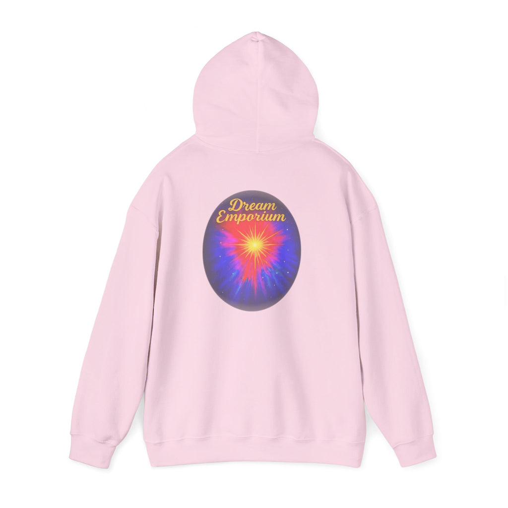 Dream Emporium – Back Printed Radiant Starburst Heavy Blend™ Hooded Sweatshirt, Inspirational and Motivational Apparel, Gift for Dreamers, Creative Expression Wear