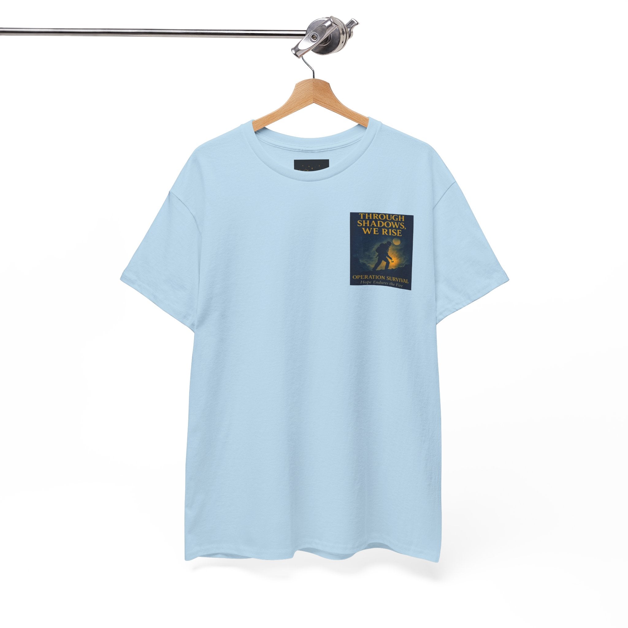 Through Shadows, We Rise - Back-print Cinematic Artwork Operation Survival Tee. Inspirational and Motivational Apparel, Gift for Dreamers, Creative Expression Wear