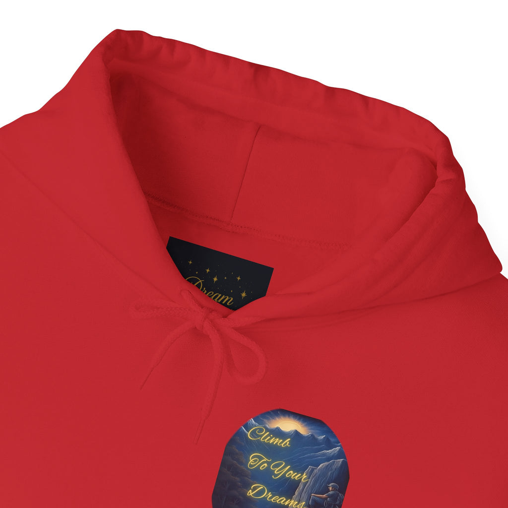 Climb To Your Dreams - Mountain Sunrise Hoodie | Back Glow Print + Front Badge | Heavy Blend™, Inspirational and Motivational Apparel, Gift for Dreamers, Creative Expression Wear