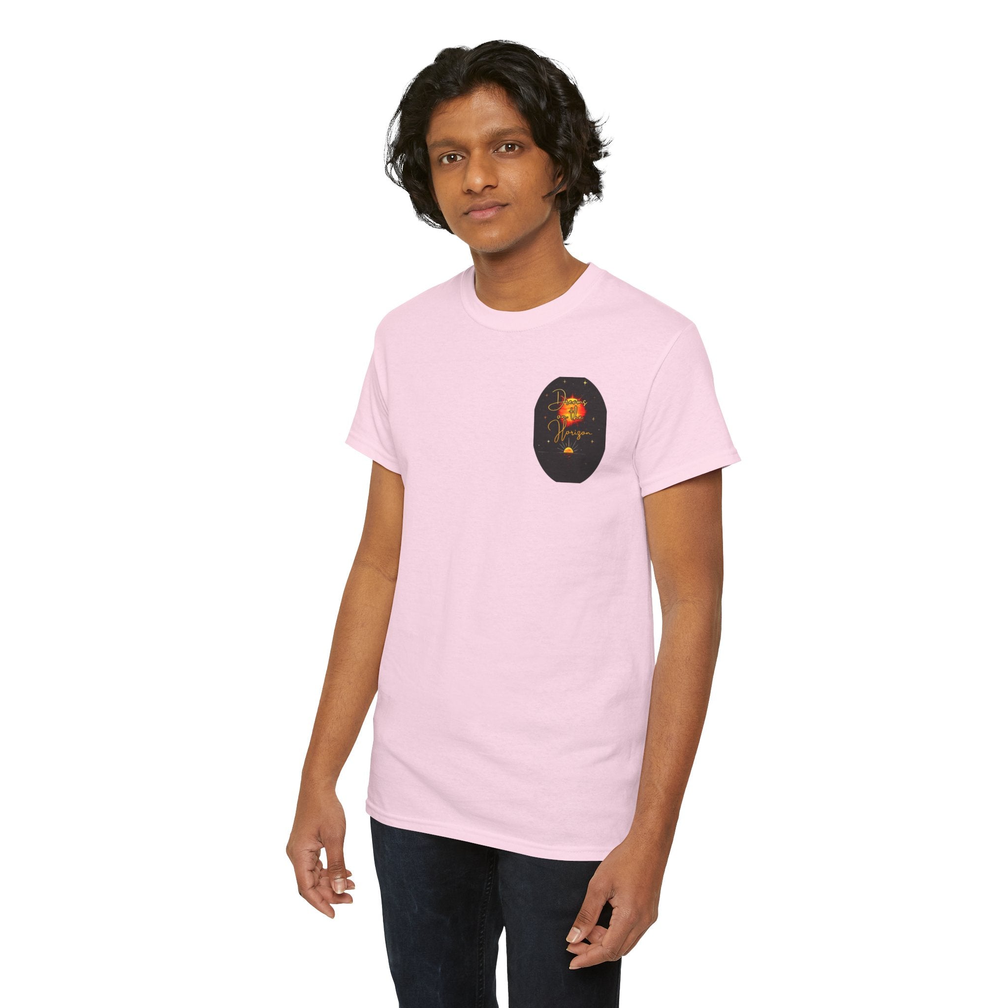 Dreams on the Horizon – Sunrise Back-Print Heavy Cotton Tee, Inspirational and Motivational Apparel, Gift for Dreamers, Creative Expression Wear