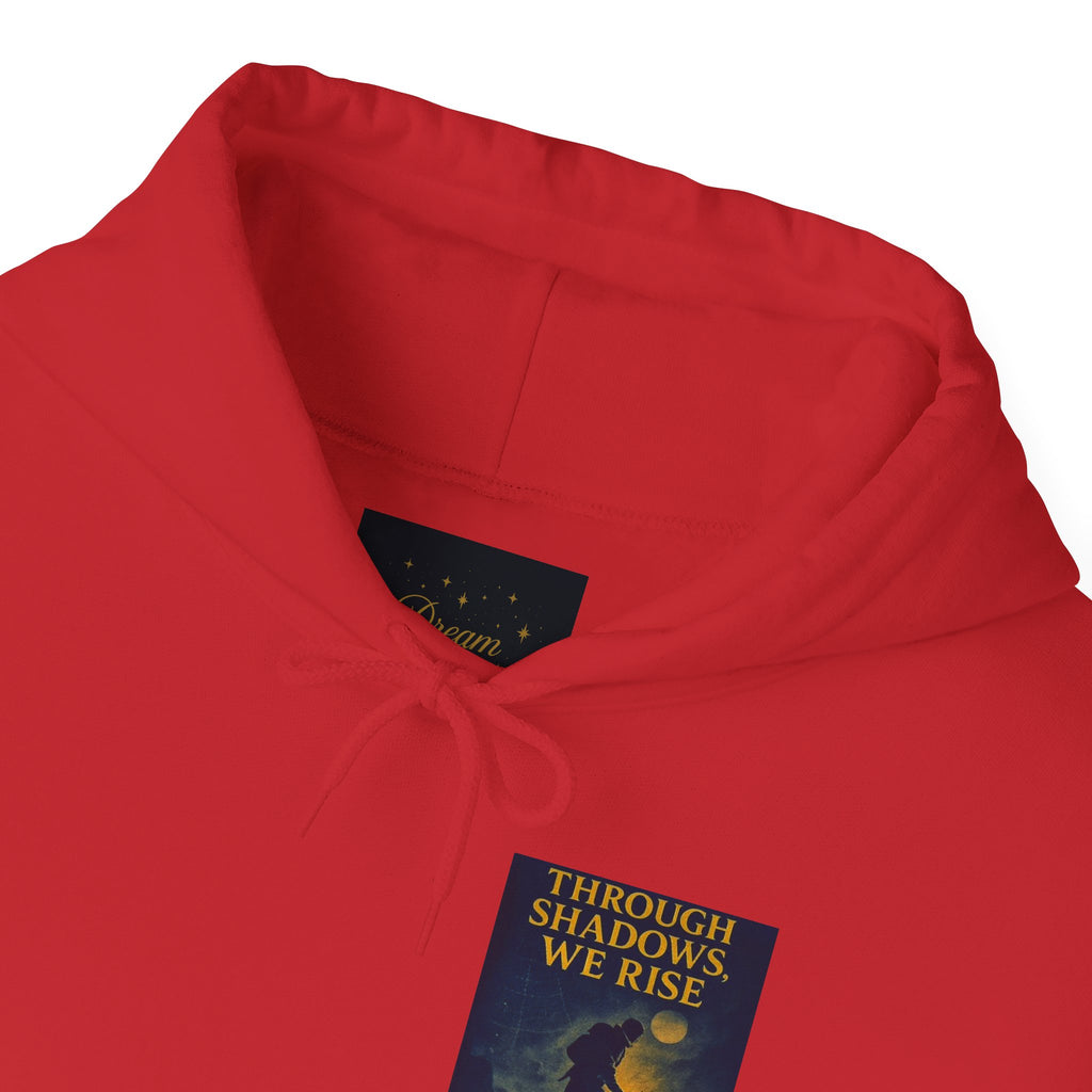 Through Shadows, We Rise – Back-print Cinematic Artwork Operation Survival Hoodie  | Gildan Heavy Blend™ 18500 — Inspirational and Motivational Apparel, Gift for Dreamers, Creative Expression Wear