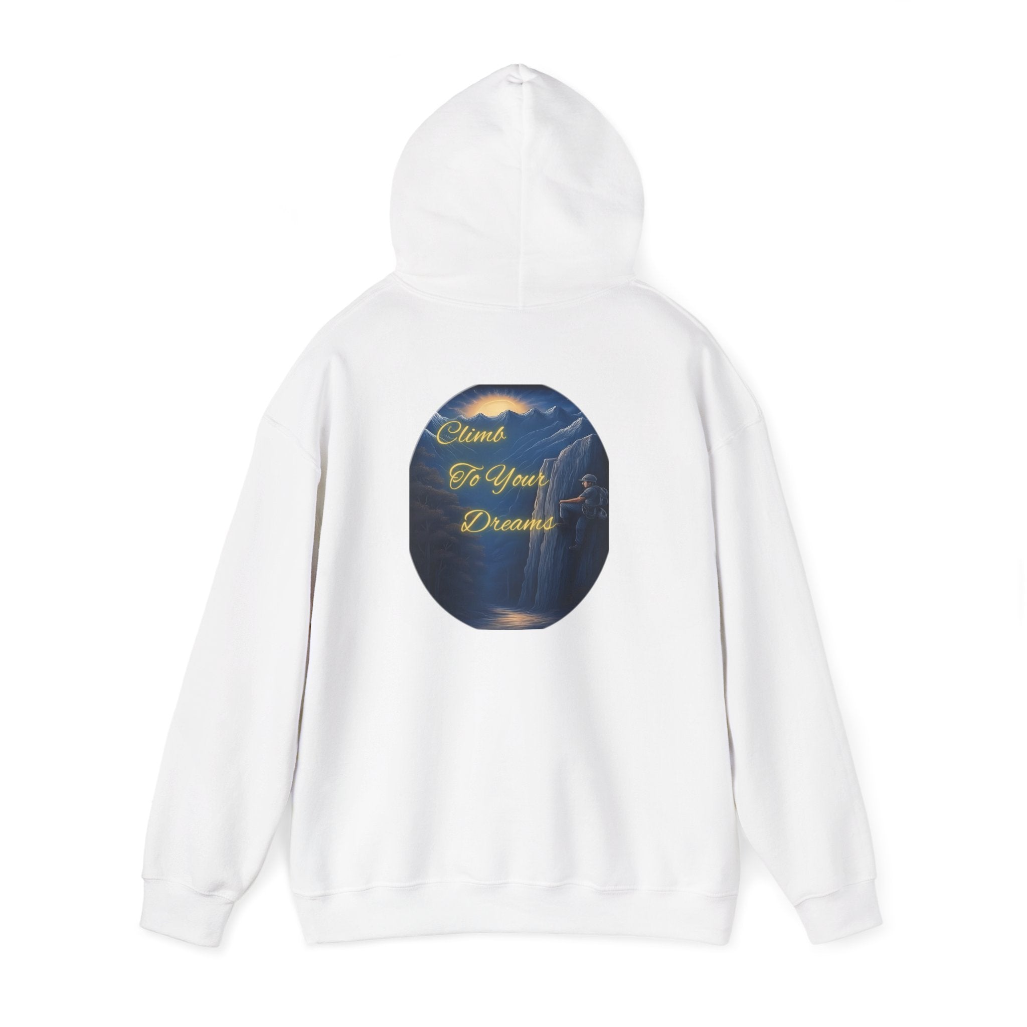 Climb To Your Dreams - Mountain Sunrise Hoodie | Back Glow Print + Front Badge | Heavy Blend™, Inspirational and Motivational Apparel, Gift for Dreamers, Creative Expression Wear