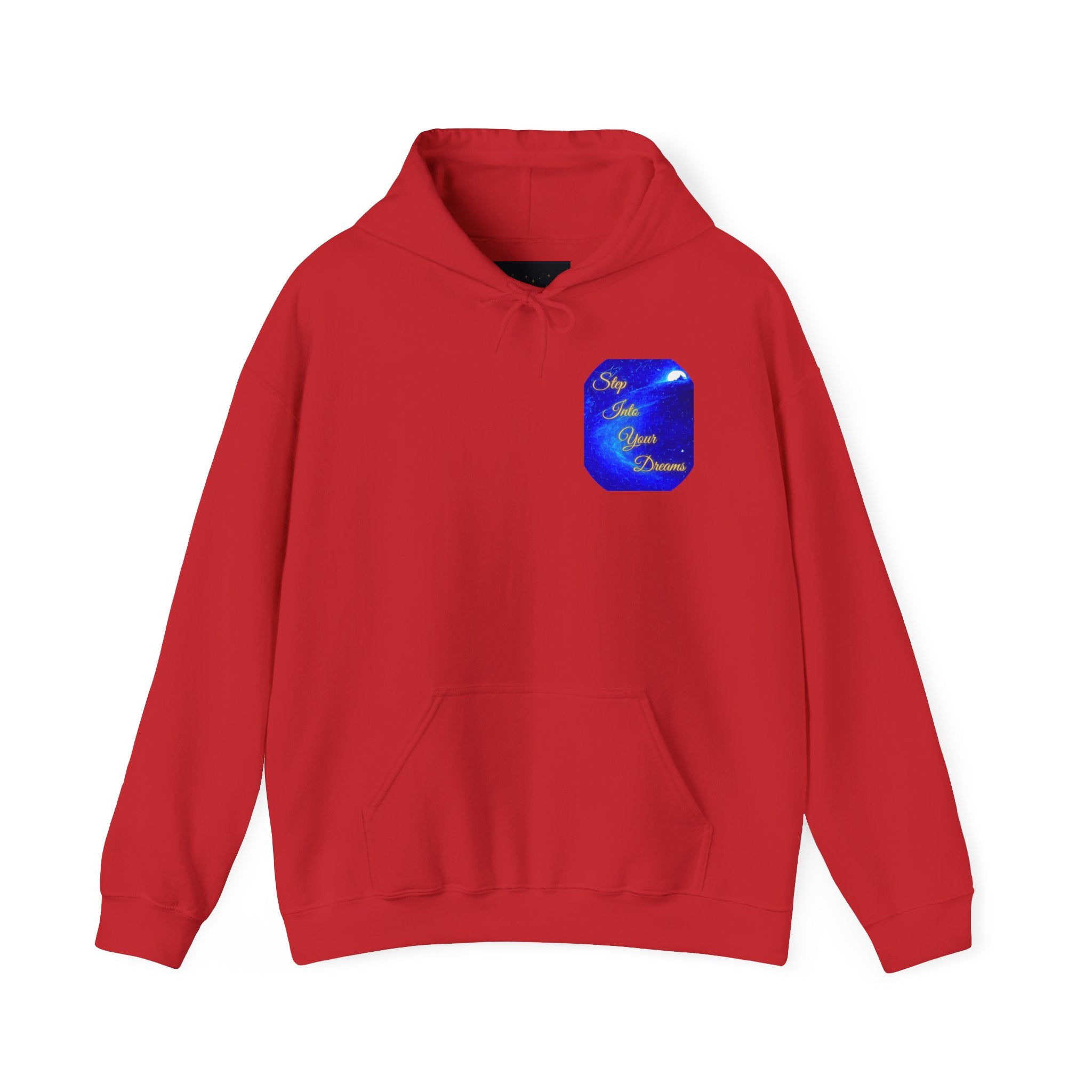 Step Into Your Dreams – Cosmic Gateway Back-print Hoodie | Tiny front badge | Gildan Heavy Blend™. Inspirational and Motivational Apparel, Gift for Dreamers, Creative Expression