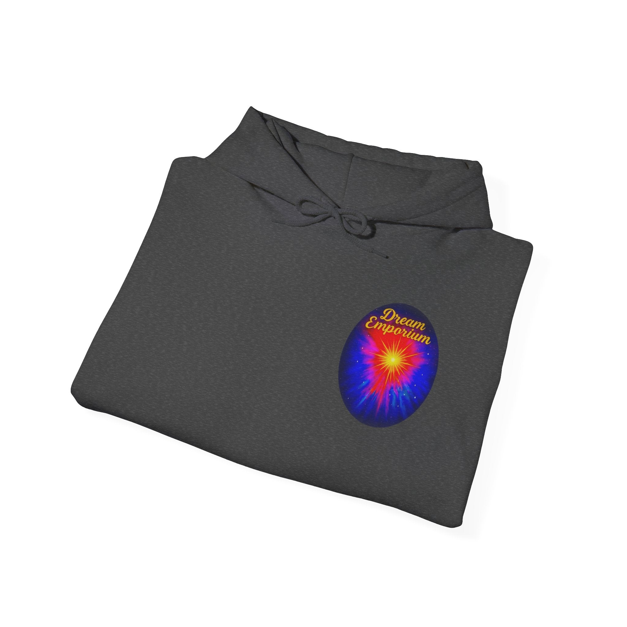 Dream Emporium – Back Printed Radiant Starburst Heavy Blend™ Hooded Sweatshirt, Inspirational and Motivational Apparel, Gift for Dreamers, Creative Expression Wear