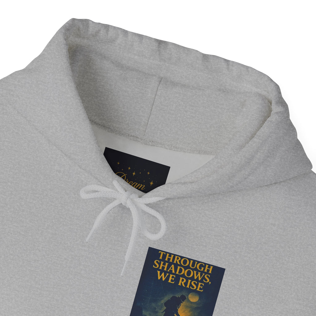 Through Shadows, We Rise – Back-print Cinematic Artwork Operation Survival Hoodie  | Gildan Heavy Blend™ 18500 — Inspirational and Motivational Apparel, Gift for Dreamers, Creative Expression Wear