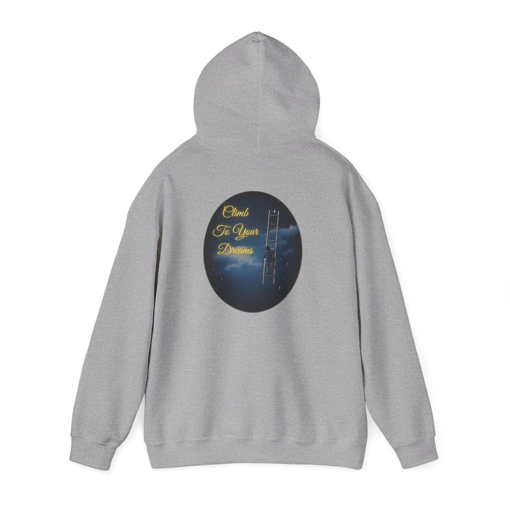 Climb To Your Dreams – Starry Night Ladder-to-Moon Back-Print Hoodie + Front Badge | Gildan 18500, Inspirational and Motivational Apparel, Gift for Dreamers, Creative Expression Wear
