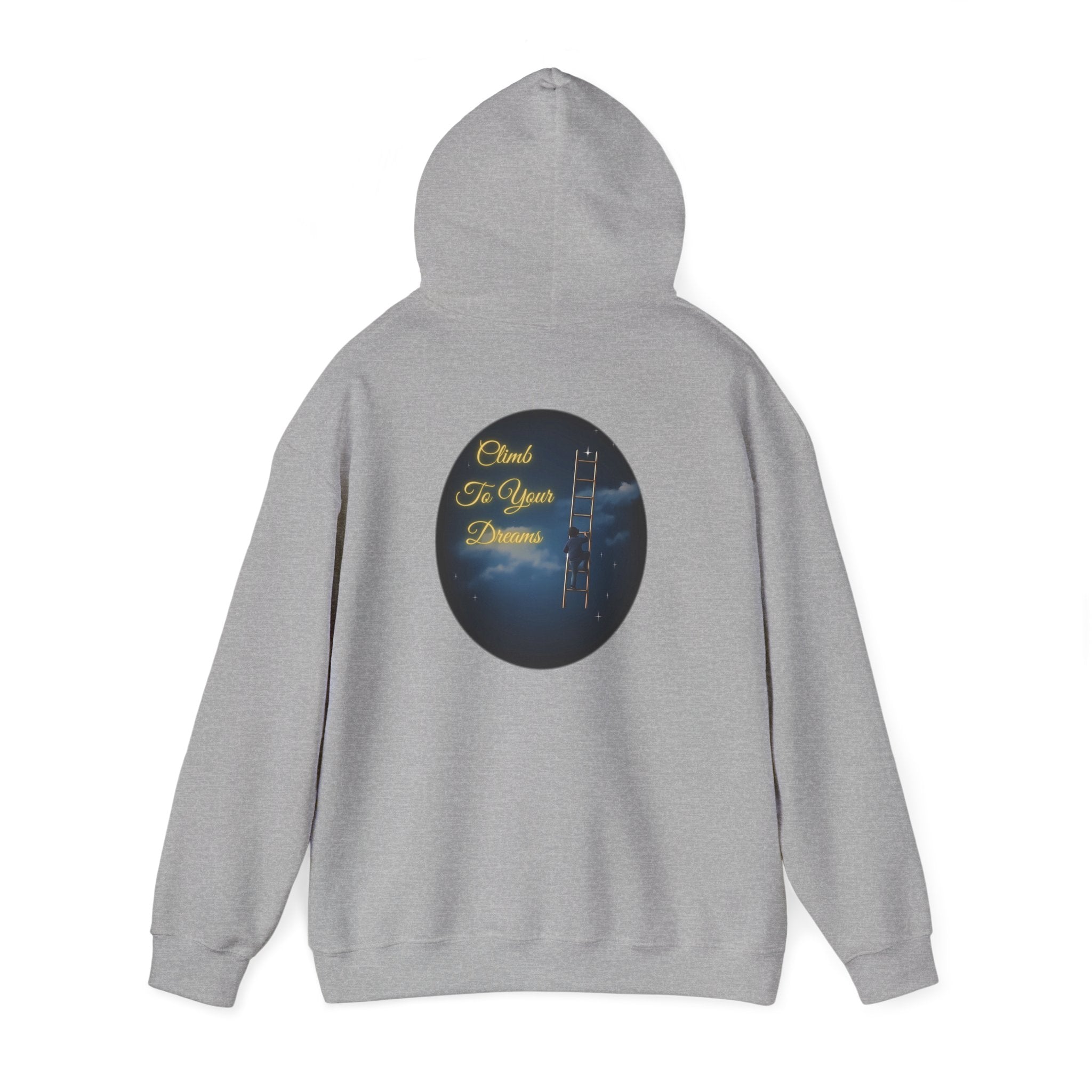 Climb To Your Dreams – Starry Night Ladder-to-Moon Back-Print Hoodie + Front Badge | Gildan 18500, Inspirational and Motivational Apparel, Gift for Dreamers, Creative Expression Wear