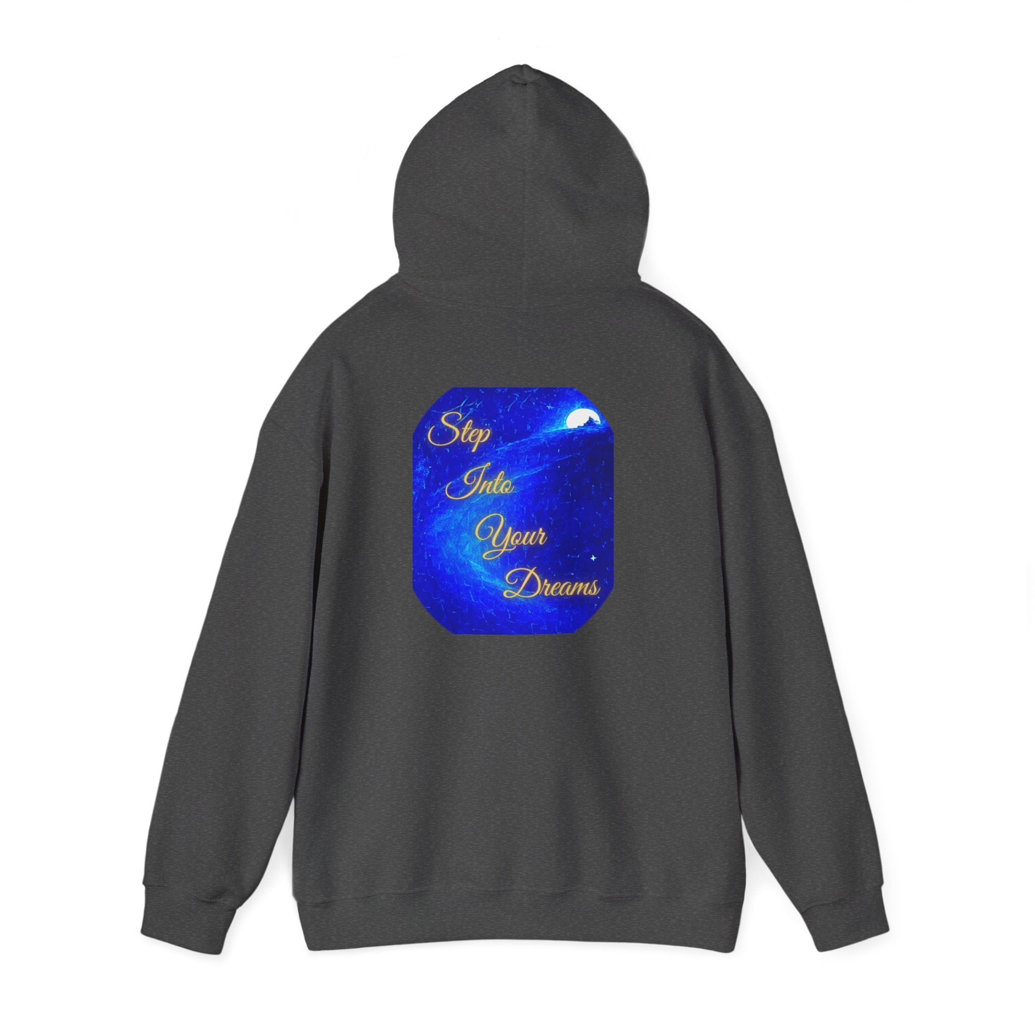 Step Into Your Dreams – Cosmic Gateway Back-print Hoodie | Tiny front badge | Gildan Heavy Blend™. Inspirational and Motivational Apparel, Gift for Dreamers, Creative Expression