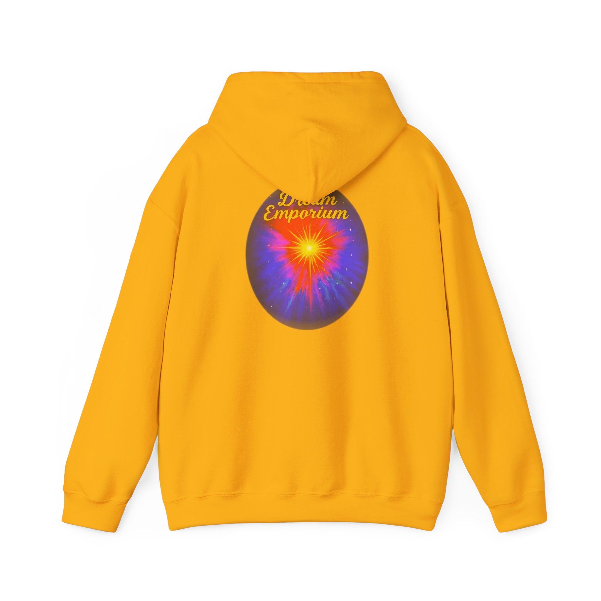 Dream Emporium – Back Printed Radiant Starburst Heavy Blend™ Hooded Sweatshirt, Inspirational and Motivational Apparel, Gift for Dreamers, Creative Expression Wear